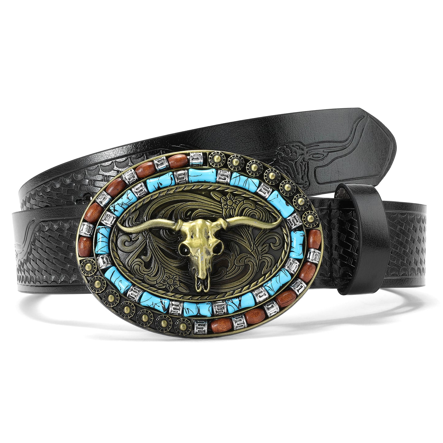 SENDEFN Western Cowboy Belt for Men Women Longhorn Bull Buckle Belt Floral Engraved Belts 1.5" Wide for Jeans
