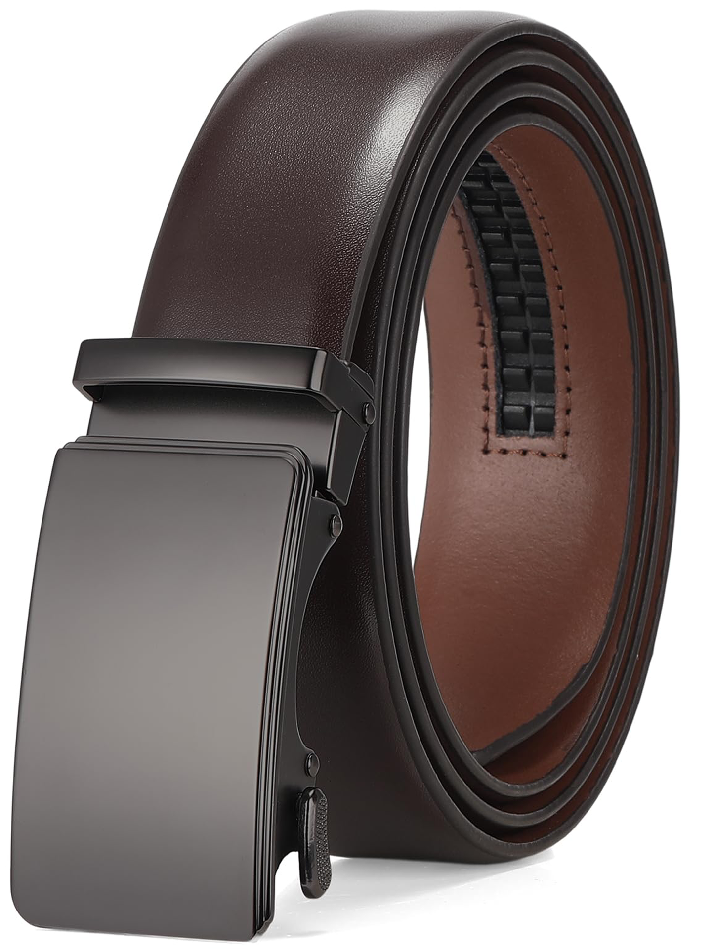 SENDEFN Men's Leather Belt Automatic Ratchet Buckle Slide Belt for Dress Casual Trim to Fit with Gift Box