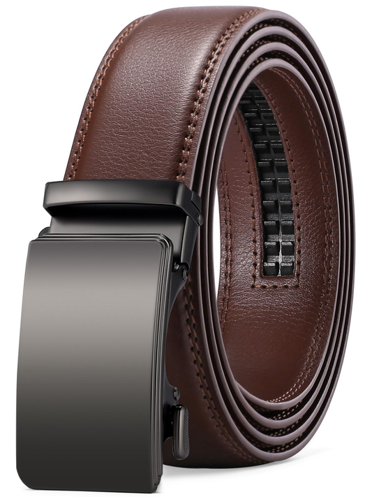 SENDEFN Men's Leather Belt Automatic Ratchet Buckle Slide Belt for Dress Casual Trim to Fit with Gift Box