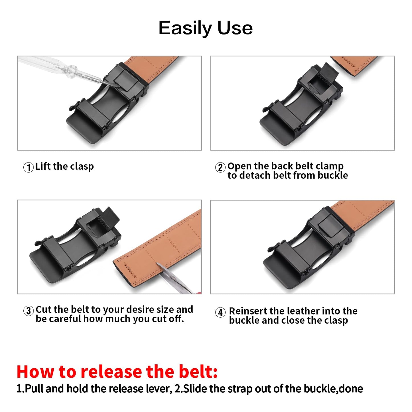 SENDEFN Men's Leather Belt Automatic Ratchet Buckle Slide Belt for Dress Casual Trim to Fit with Gift Box