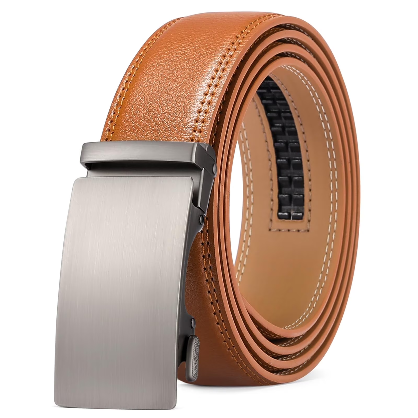 Sendefn Men's Leather Belt Automatic Ratchet Buckle Slide Belt for Dress Casual Trim to Fit with Gift Box