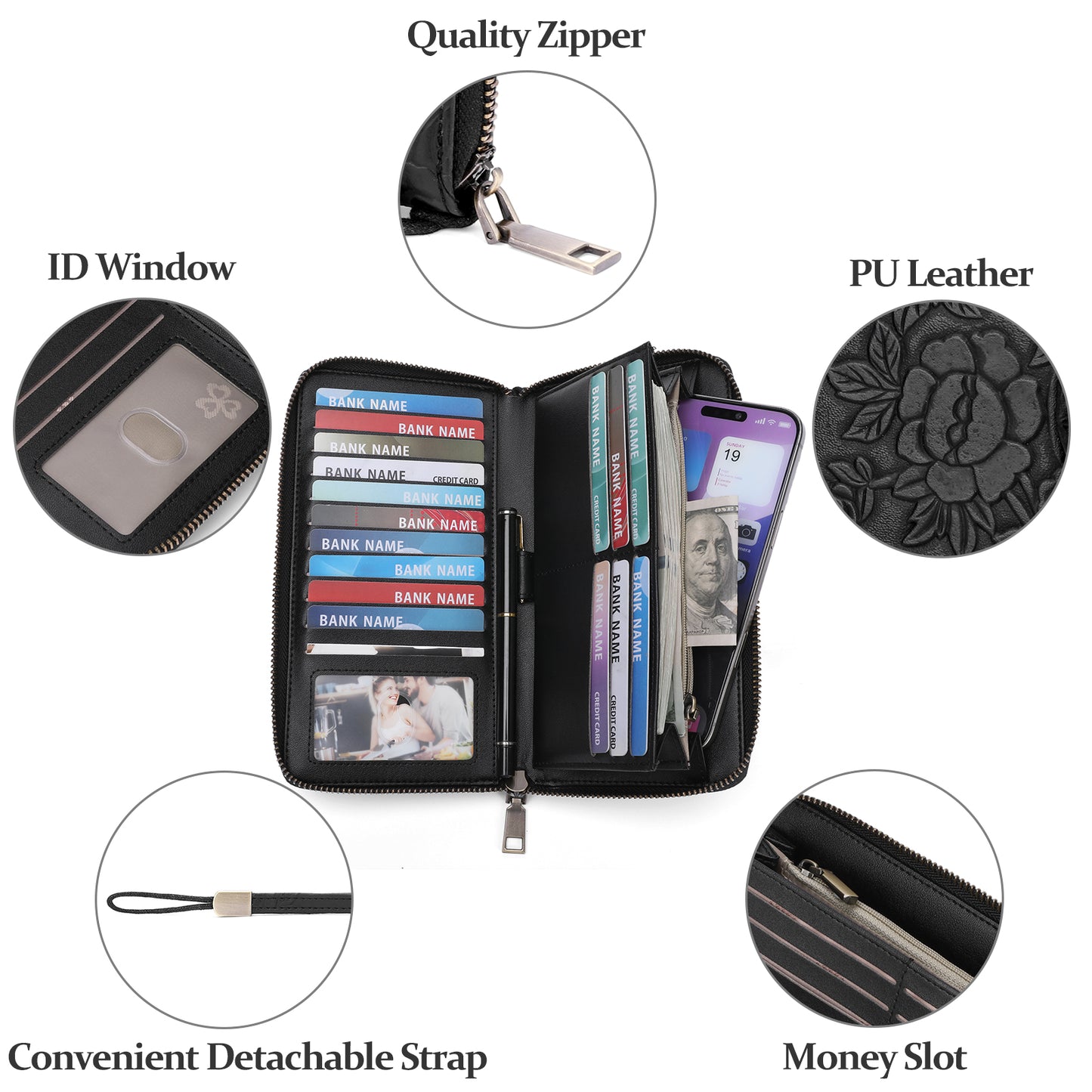 SENDEFN Womens Print Floral Wallet Leather Credit Card Holder Wallet RFID Wristlet Wallet for Women Ladies Clutch Long Purses