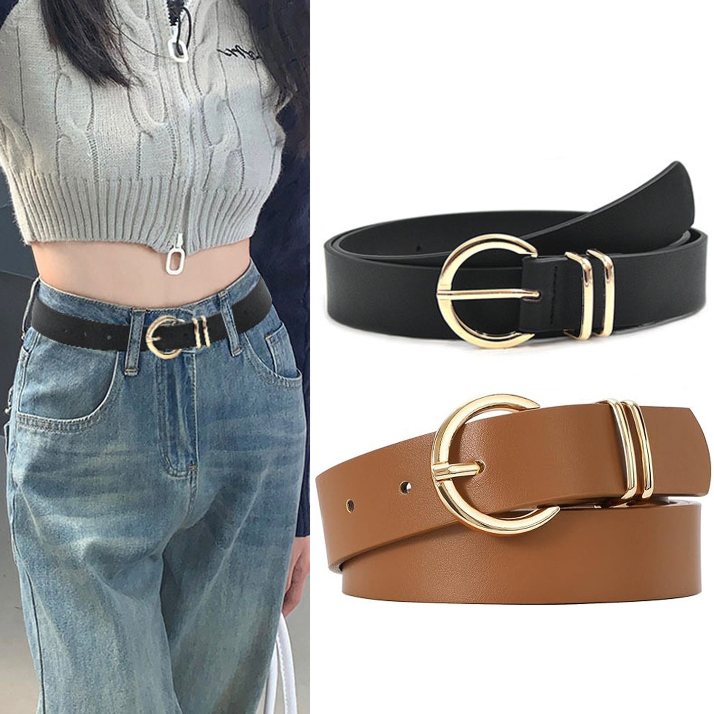 SENDEFN 2 Pack Women Leather Belts with Pin Buckle Waist Belt for Jeans Pants Dresses