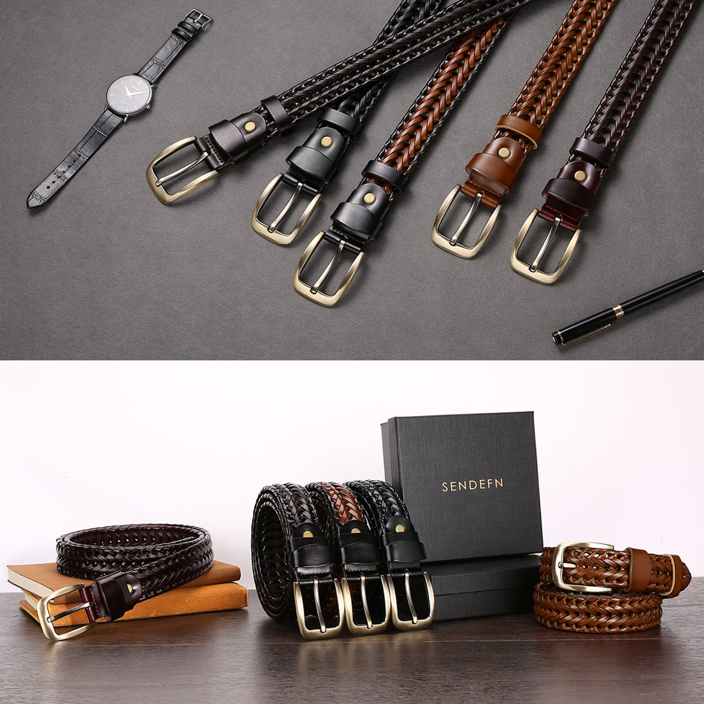 SENDEFN Leather Braided Belts for Men, 1 3/8" Casual Woven Leather Belt for Men Jeans Golf Dress Pants with Gift Box