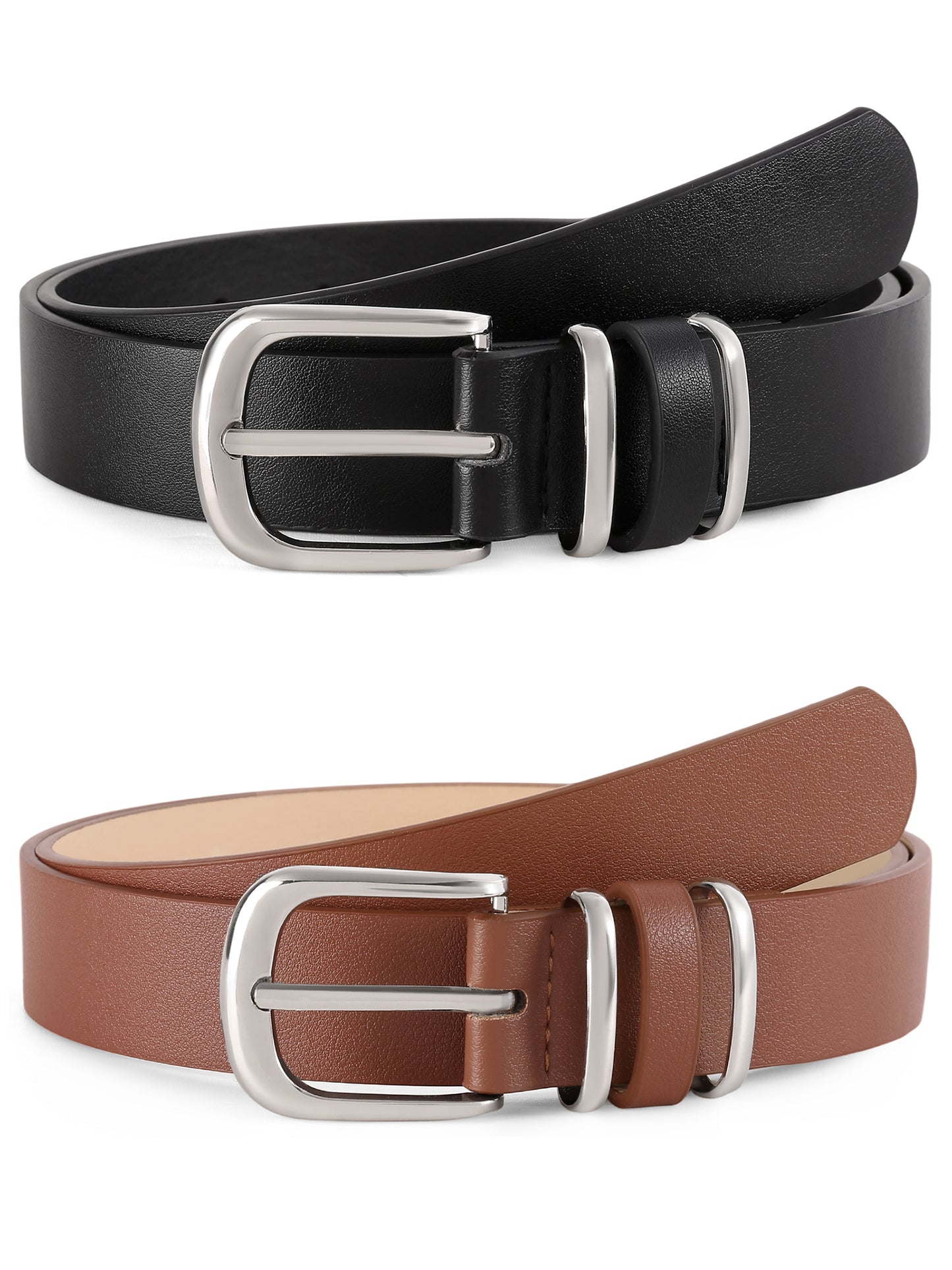 SENDEFN 2 Pack Women's Soft Leather Belt for Jeans Pants Dress Fashion Ladies Waist Belt with Silvery Buckle