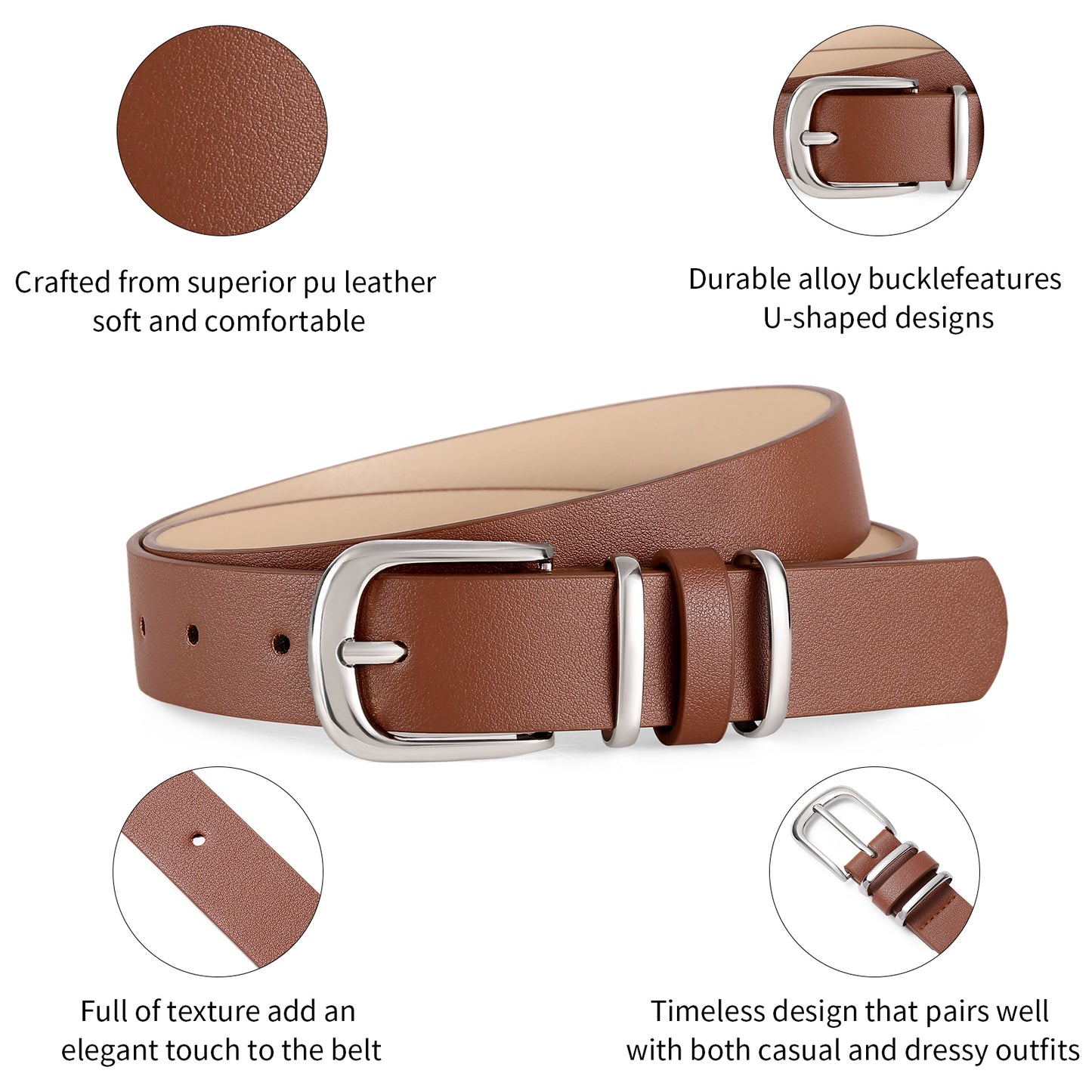 SENDEFN 2 Pack Women's Soft Leather Belt for Jeans Pants Dress Fashion Ladies Waist Belt with Silvery Buckle
