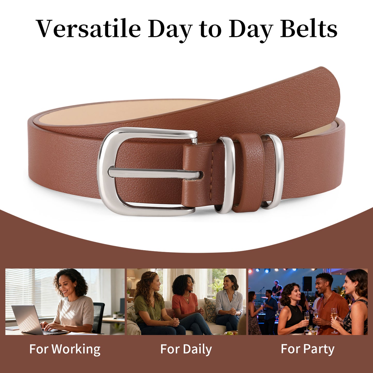 SENDEFN 2 Pack Women's Soft Leather Belt for Jeans Pants Dress Fashion Ladies Waist Belt with Silvery Buckle