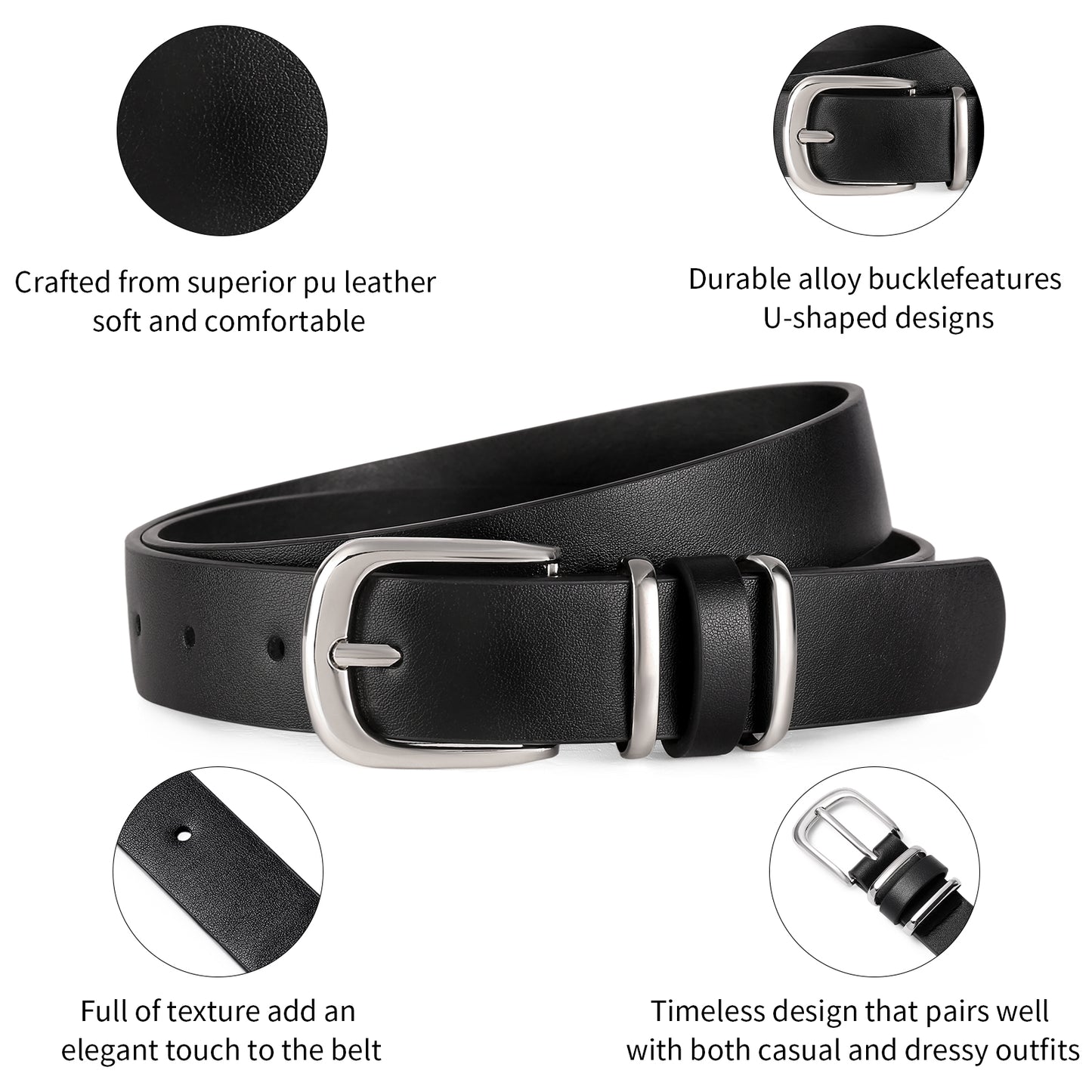 SENDEFN 2 Pack Women's Soft Leather Belt for Jeans Pants Dress Fashion Ladies Waist Belt with Silvery Buckle