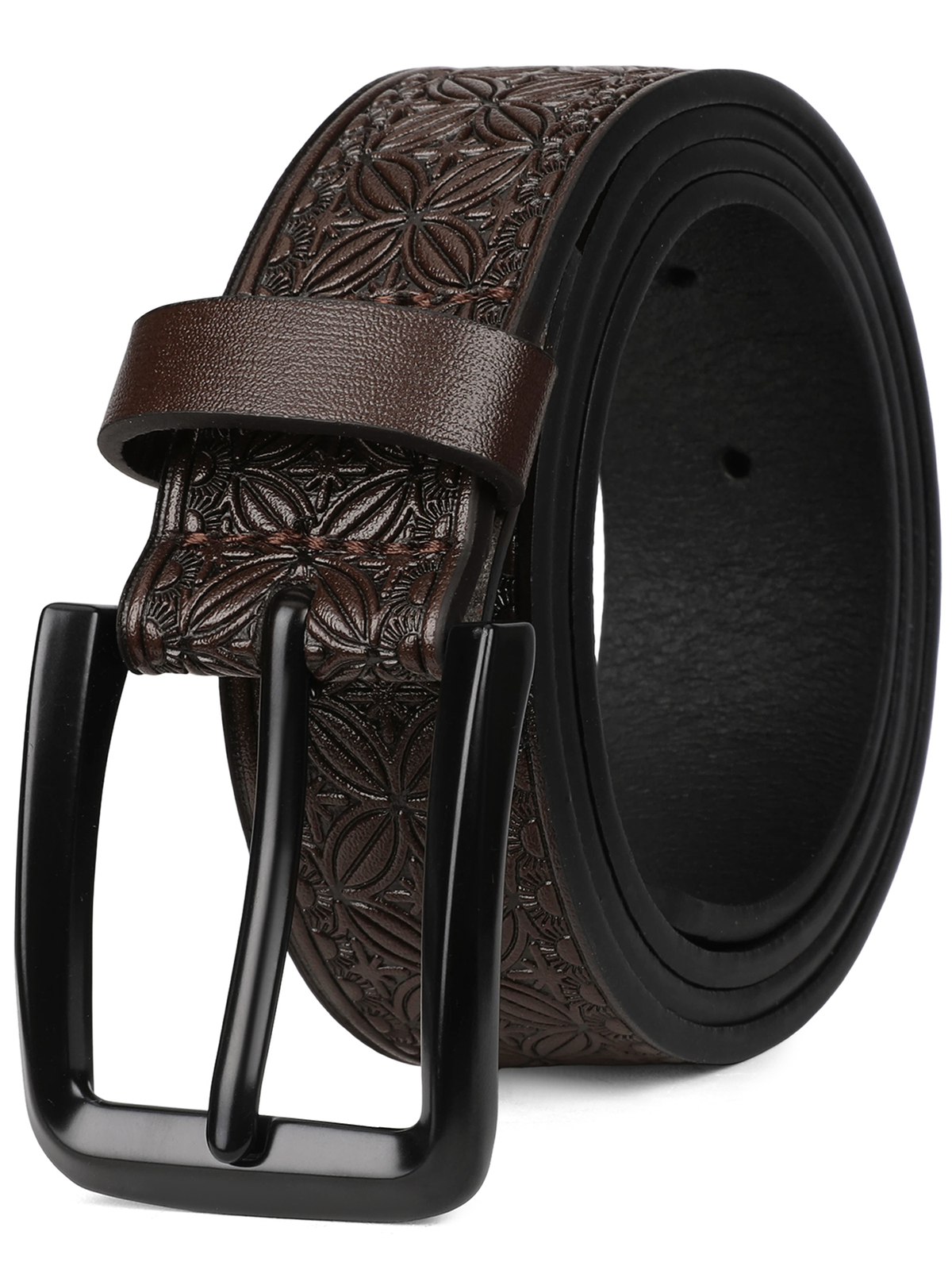 SENDEFN Men's Casual Leather Jeans Belts Vintage Leather Engraved Strap with Single Prong Buckle