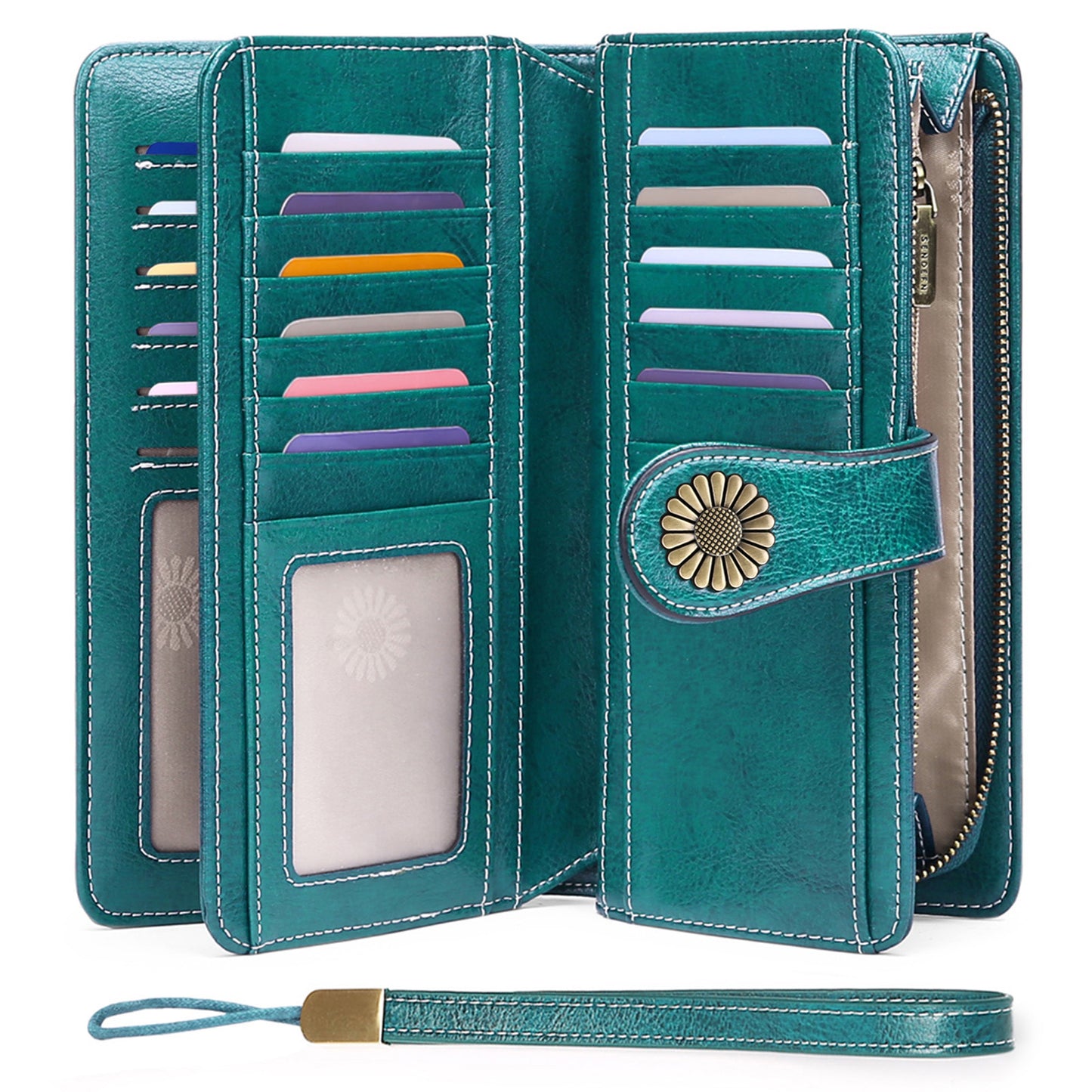 Sendefn Wallets for Women Genuine Leather Credit Card Holder with RFID Blocking Large Capacity Wristlet