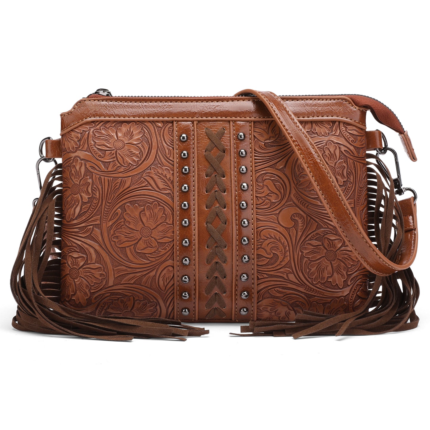 SENDEFN Fashion Fringe Crossbody Bag with Rivets Western Women Purse Vegan Leather Shoulder Bag with Tassel