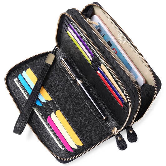 Sendefn RFID Blocking Leather Zip Wallet for Women Credit Card Cluch Holder Phone Wristlet Wallet