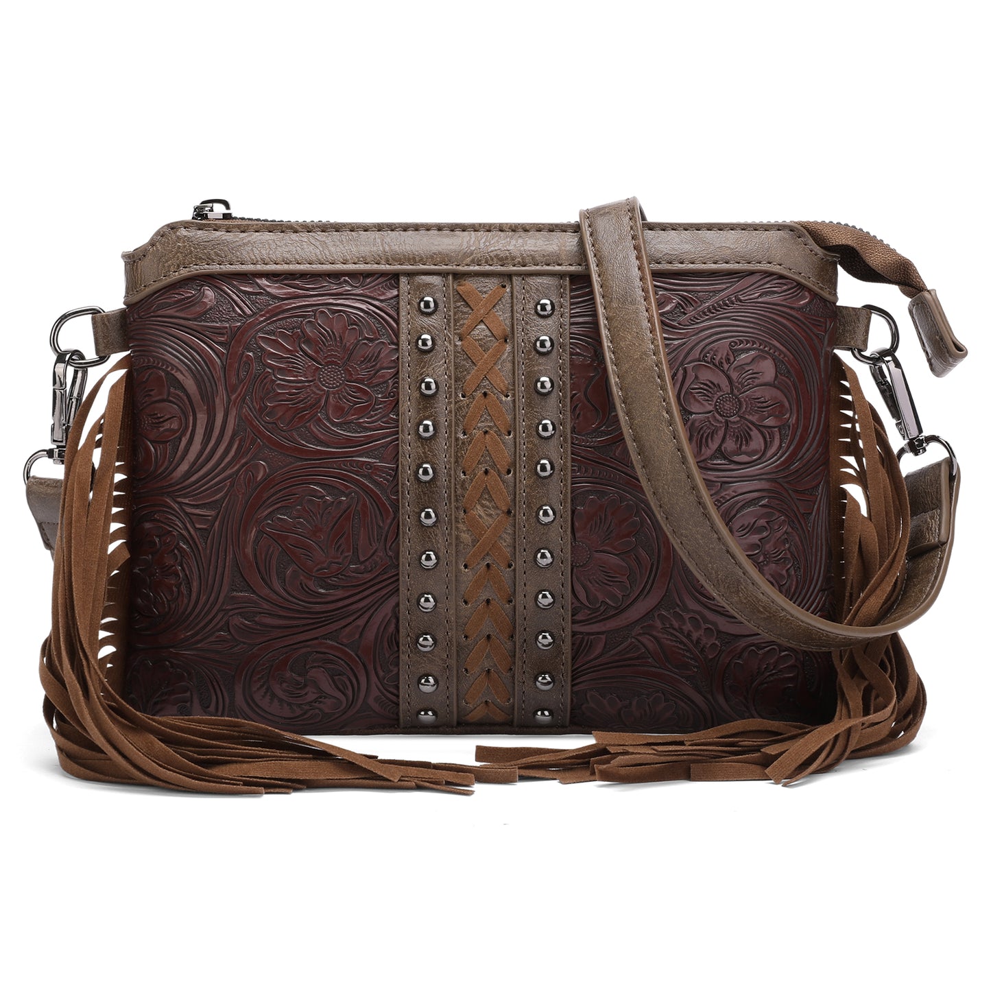 SENDEFN Fashion Fringe Crossbody Bag with Rivets Western Women Purse Vegan Leather Shoulder Bag with Tassel
