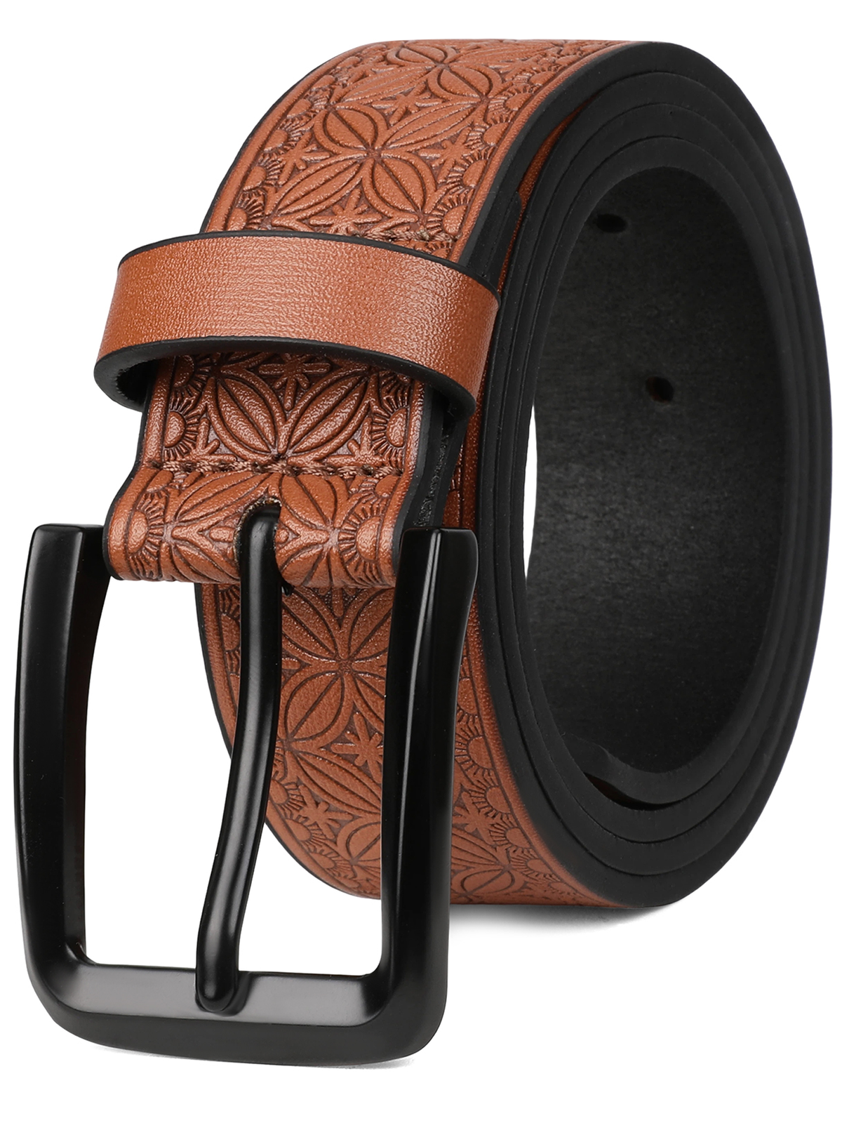 SENDEFN Men's Casual Leather Jeans Belts Vintage Leather Engraved Strap with Single Prong Buckle