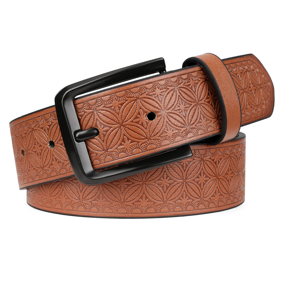 SENDEFN Men's Casual Leather Jeans Belts Vintage Leather Engraved Strap with Single Prong Buckle