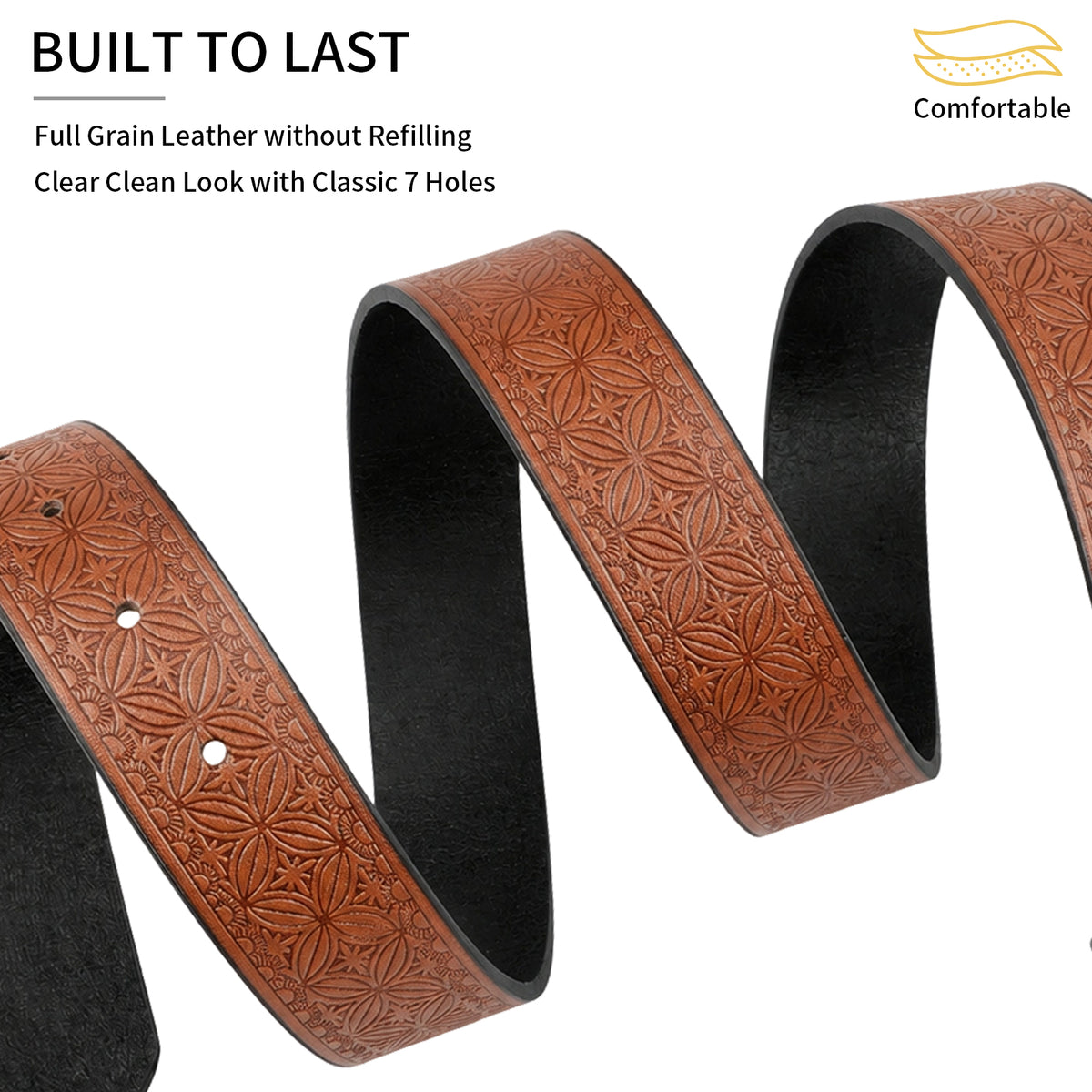 SENDEFN Men's Casual Leather Jeans Belts Vintage Leather Engraved Strap with Single Prong Buckle