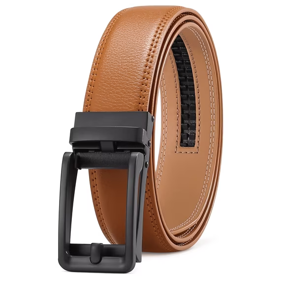 Sendefn Men's Leather Belt Automatic Ratchet Buckle Slide Belt for Dress Casual Trim to Fit with Gift Box