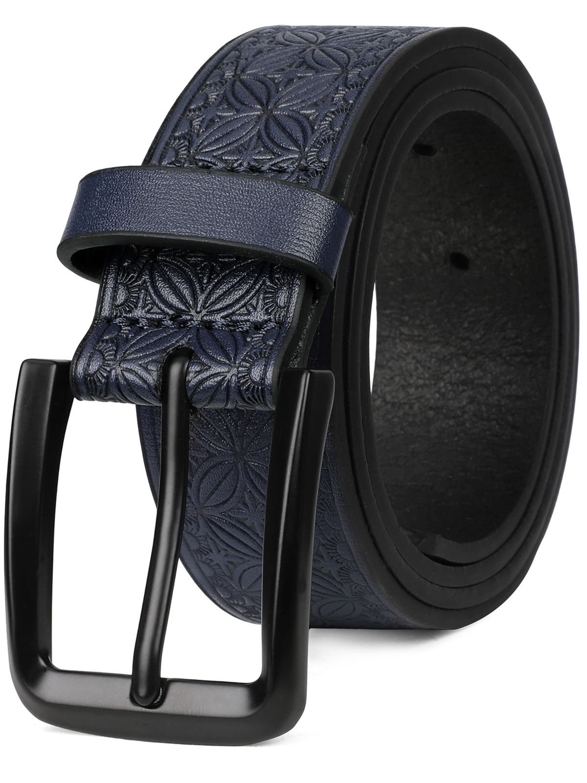SENDEFN Men's Casual Leather Jeans Belts Vintage Leather Engraved Strap with Single Prong Buckle