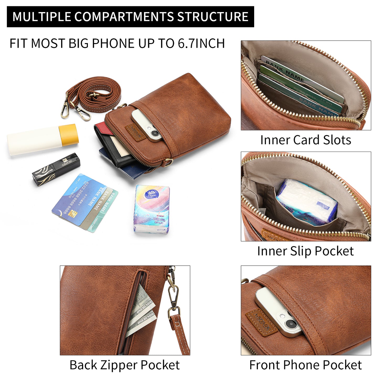 SENDEFN Vegan Leather Small Crossbody Bags for Women Designer Cell Phone Bag Purses Adjustable Strap