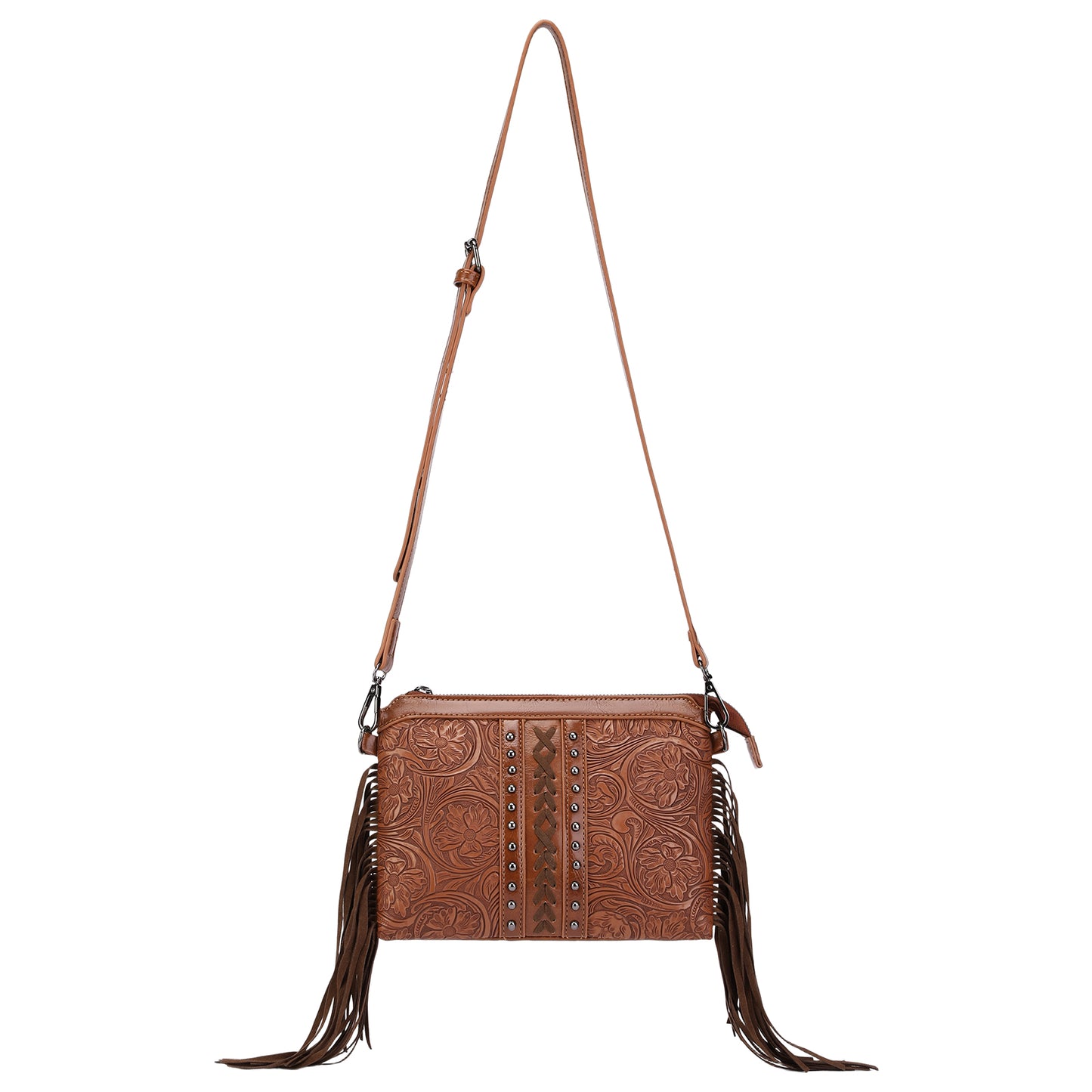 SENDEFN Fashion Fringe Crossbody Bag with Rivets Western Women Purse Vegan Leather Shoulder Bag with Tassel