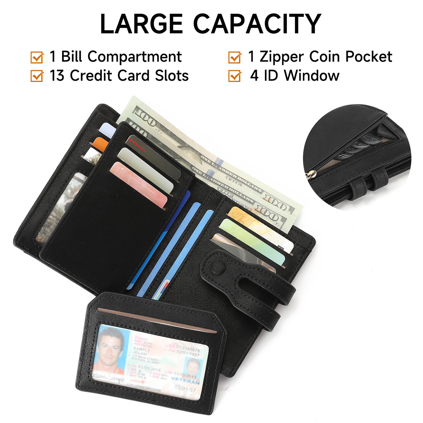 SENDEFN Leather Wallet for Men RFID Blocking Large Capacity Bifold Wallet Minimalist Back Pocket Wallets for Men with Zipper Coin Pocket