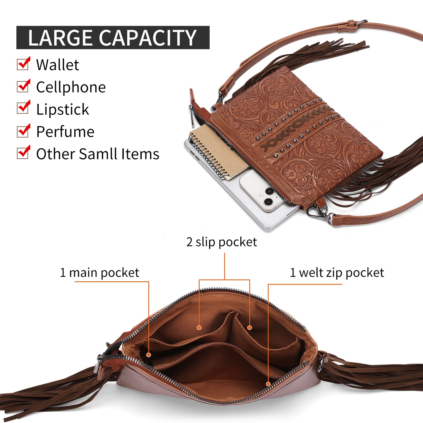 SENDEFN Fashion Fringe Crossbody Bag with Rivets Western Women Purse Vegan Leather Shoulder Bag with Tassel