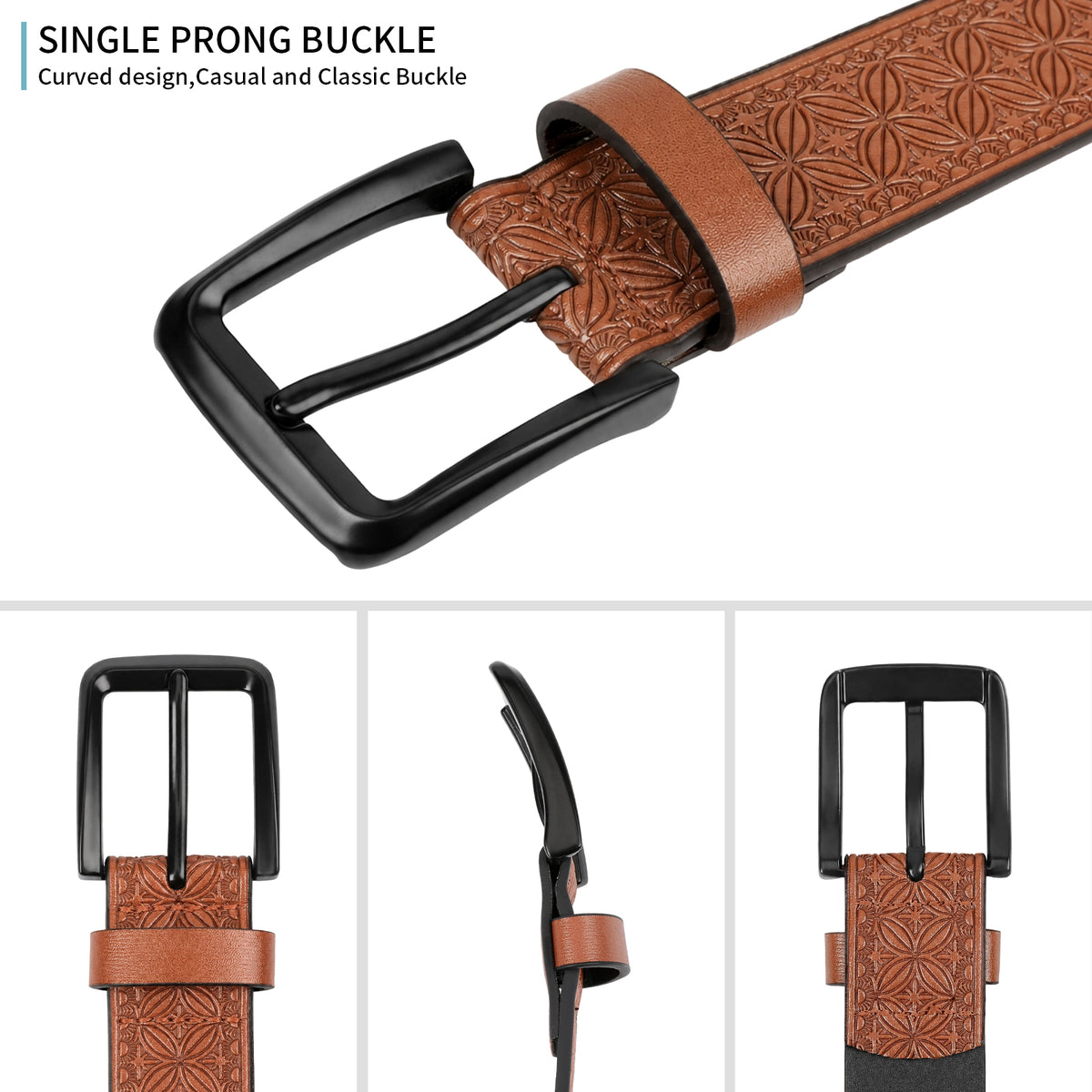 SENDEFN Men's Casual Leather Jeans Belts Vintage Leather Engraved Strap with Single Prong Buckle