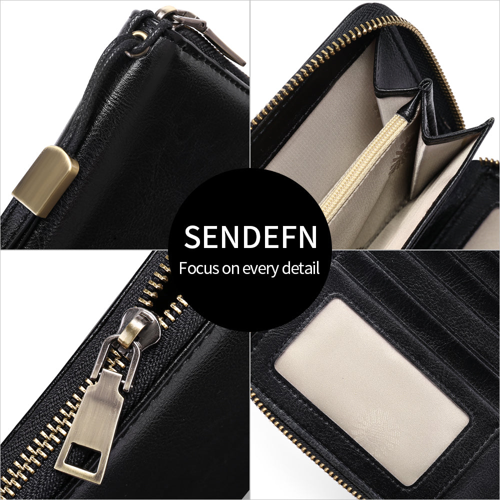 Sendefn Women Leather Wallets RFID Blocking Zip Around Credit Card Holder Phone Clutch