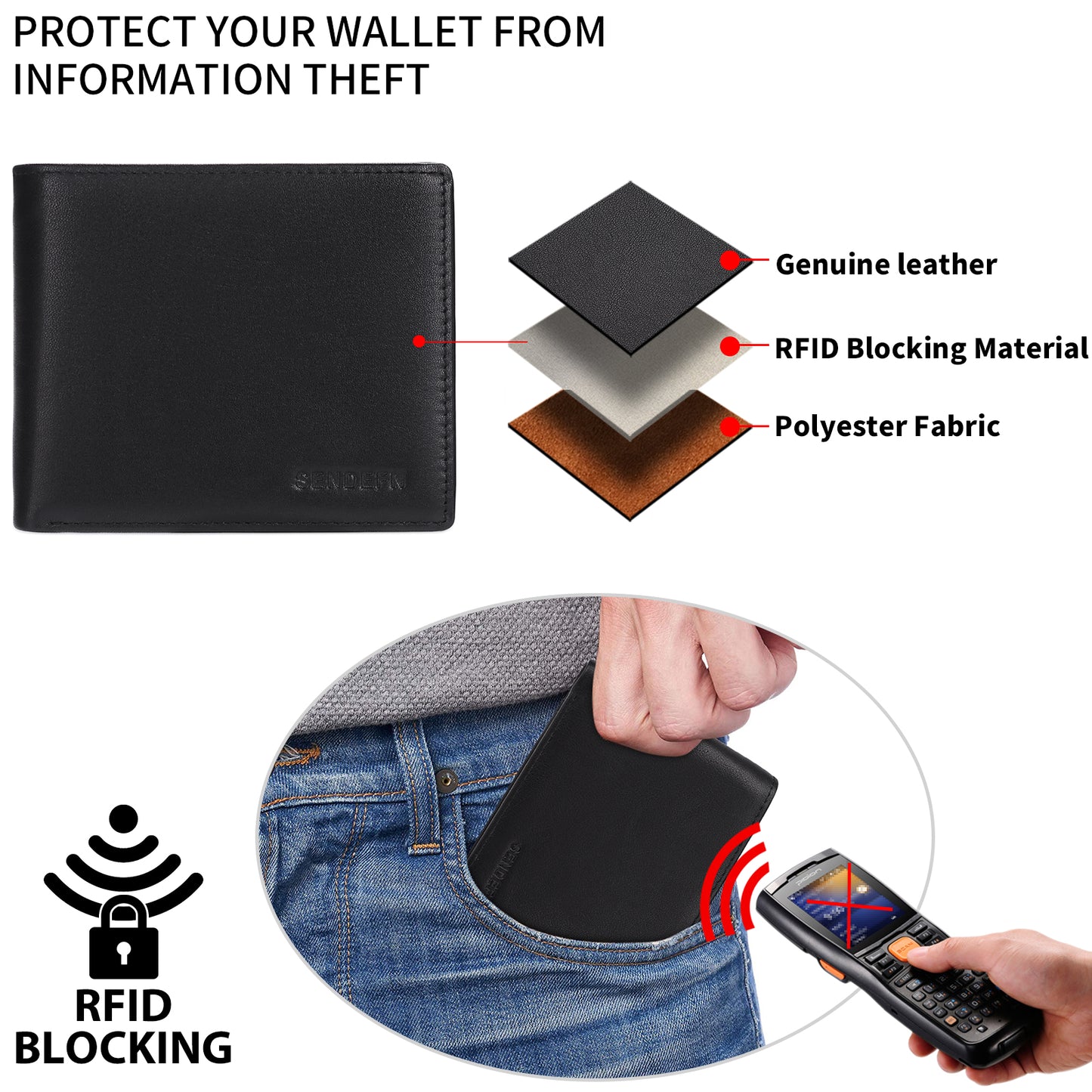 Sendefn Trifold Wallets for Men-RFID-Blocking Genuine Leather Wallet with 8 Card Slots