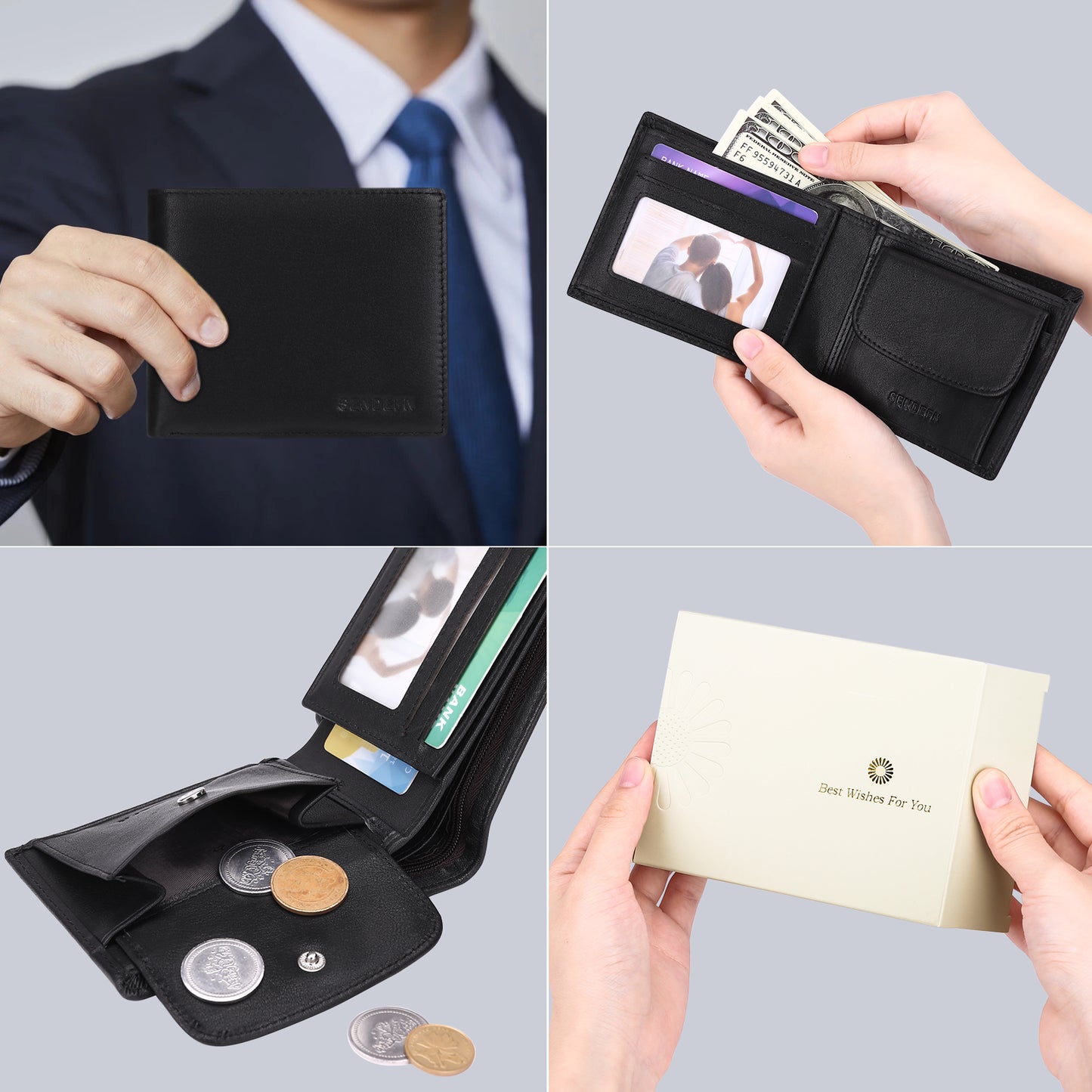 Sendefn Trifold Wallets for Men-RFID-Blocking Genuine Leather Wallet with 8 Card Slots