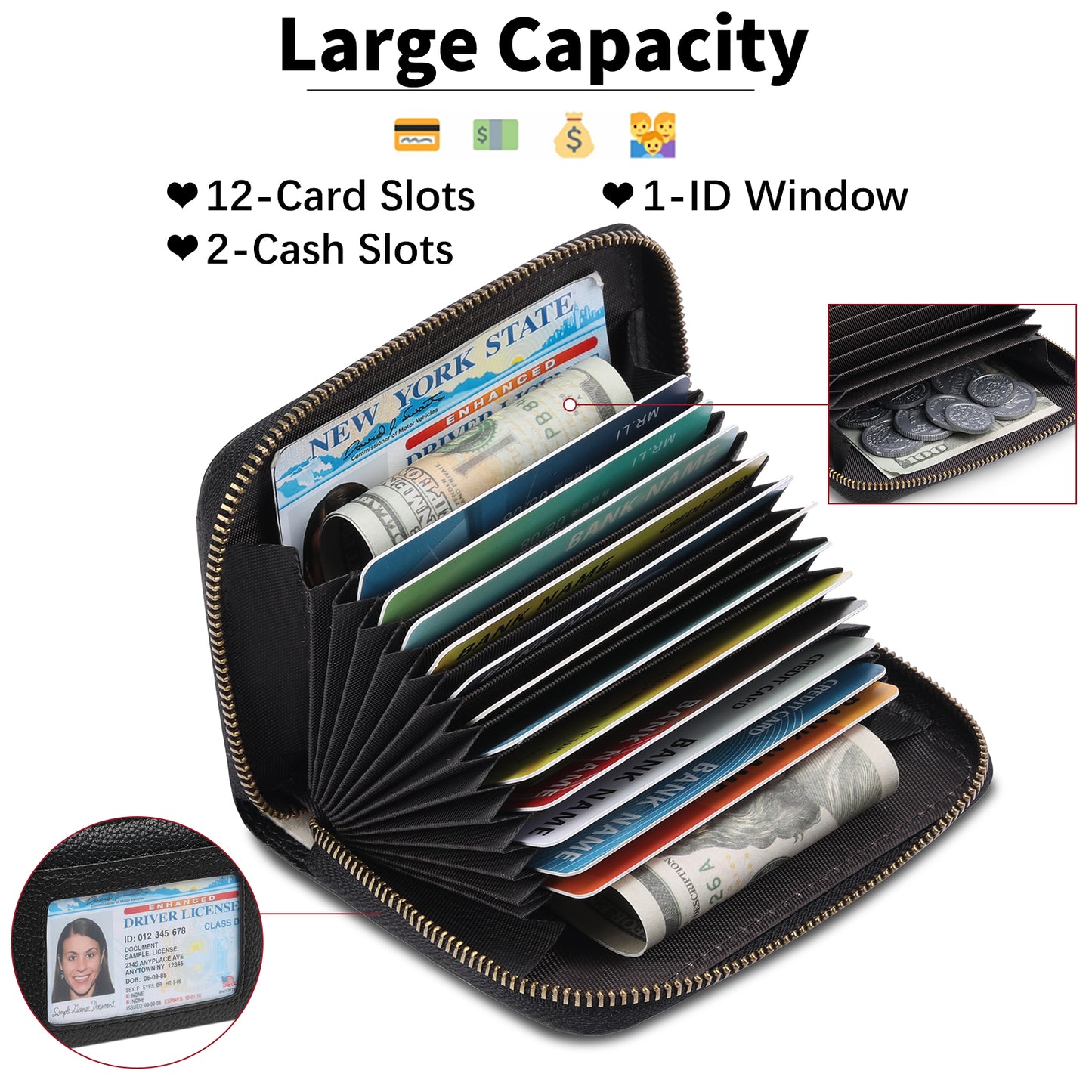 SENDEFN Leather Credit Card Holder Wallet for Women RFID Small Zipper Card Case with ID Window