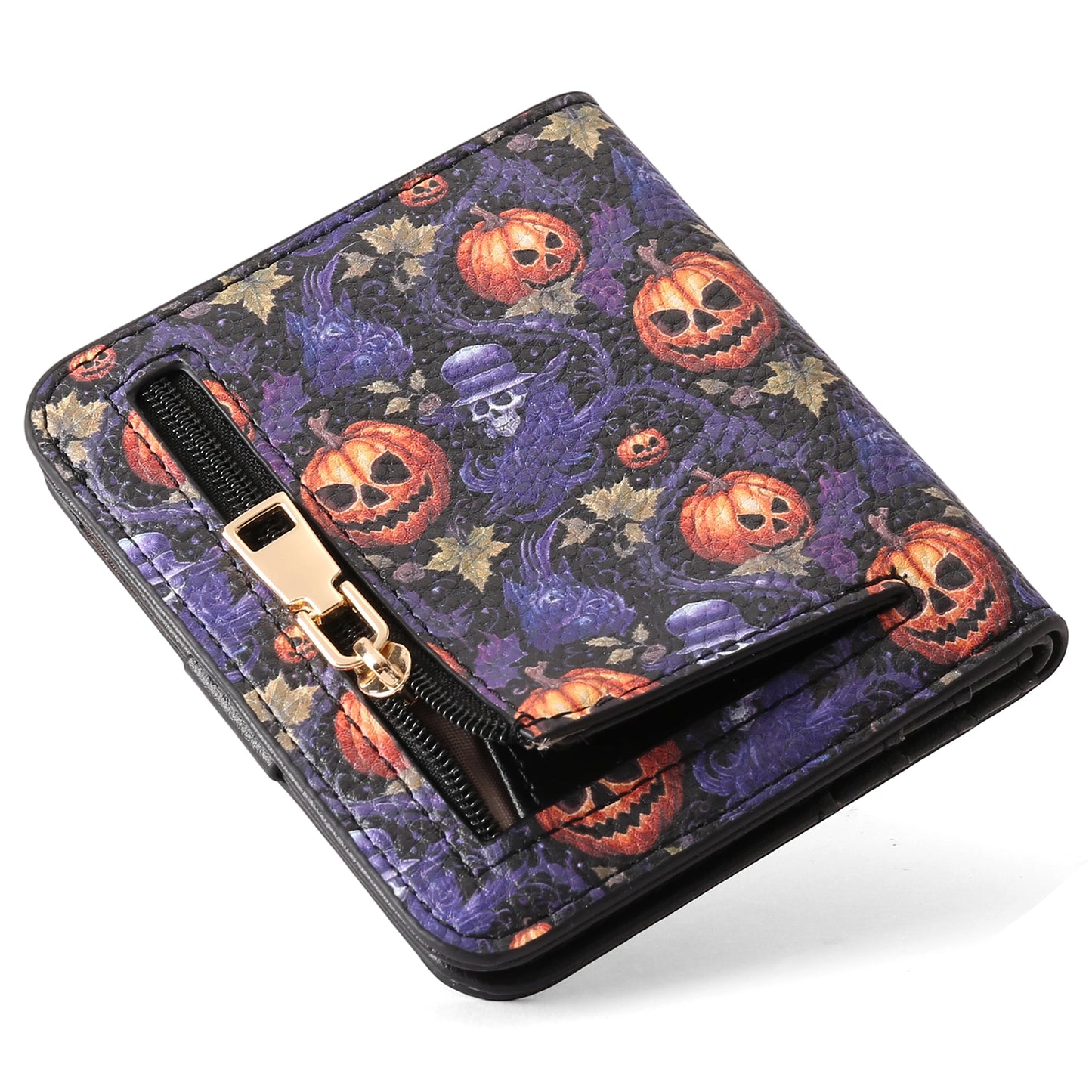 SENDEFN Pumpkin Pattern Small Rfid Women Wallet Bifold Zipper Coin Pocket Leather Compact Cash Credit Card Holder Travel Wallet for Female Ladies 1 ID Window 6 Card Slots