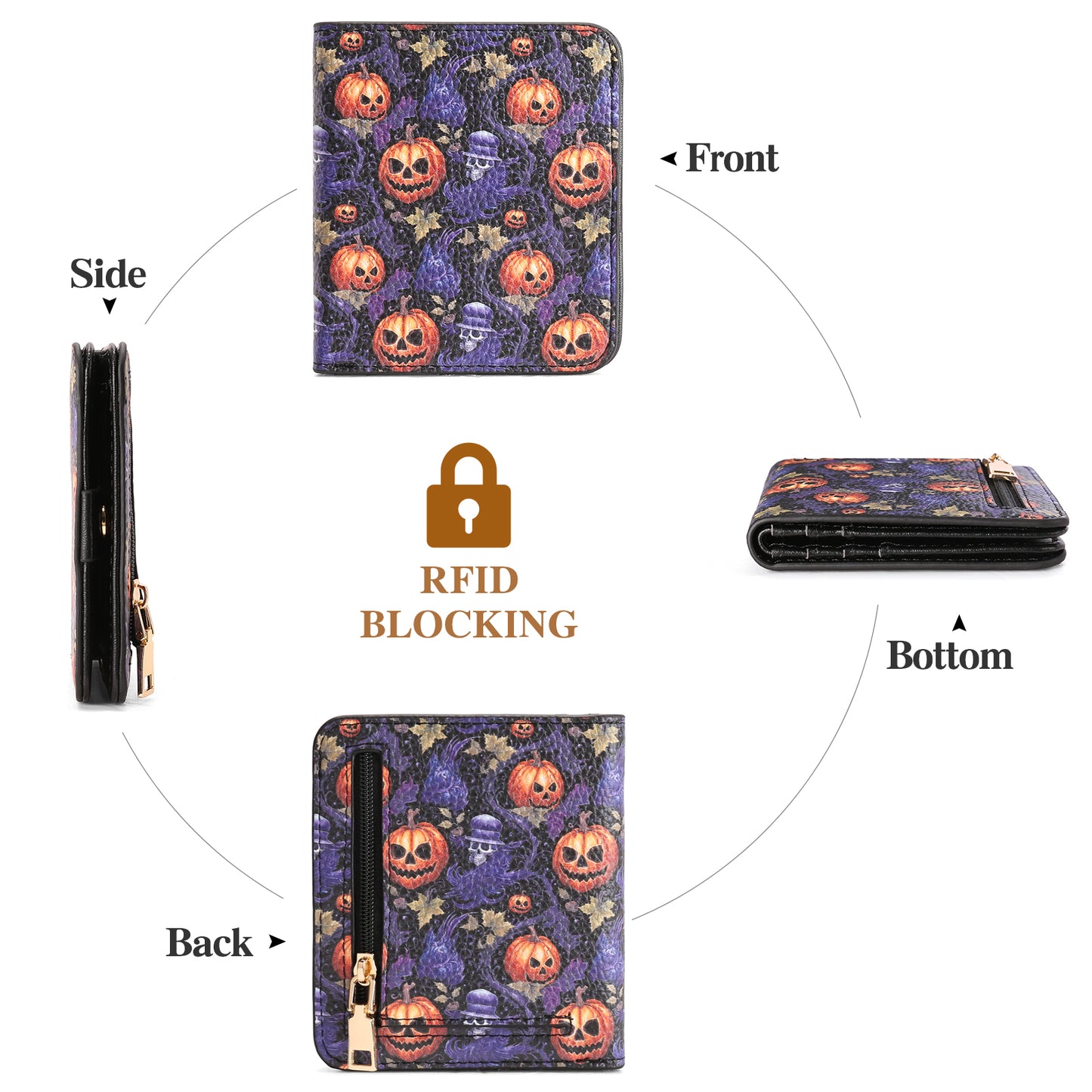 SENDEFN Pumpkin Pattern Small Rfid Women Wallet Bifold Zipper Coin Pocket Leather Compact Cash Credit Card Holder Travel Wallet for Female Ladies 1 ID Window 6 Card Slots