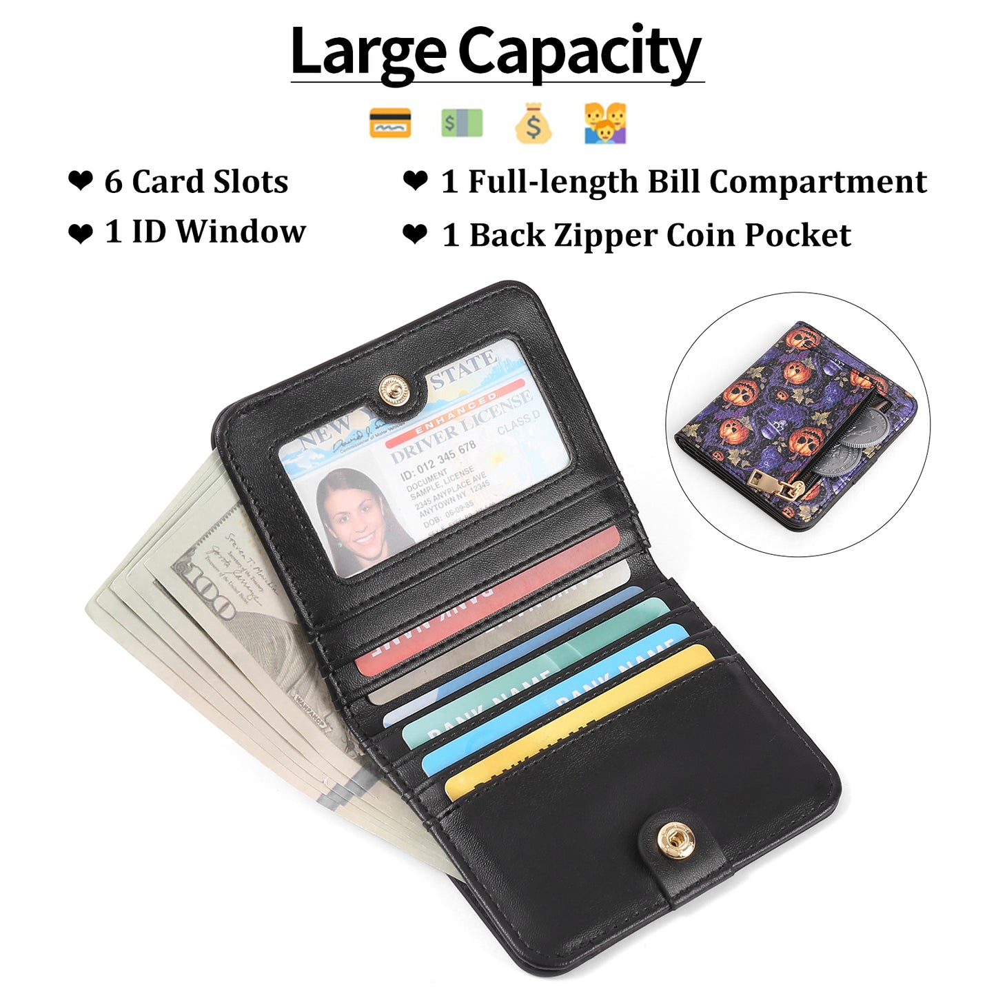 SENDEFN Pumpkin Pattern Small Rfid Women Wallet Bifold Zipper Coin Pocket Leather Compact Cash Credit Card Holder Travel Wallet for Female Ladies 1 ID Window 6 Card Slots