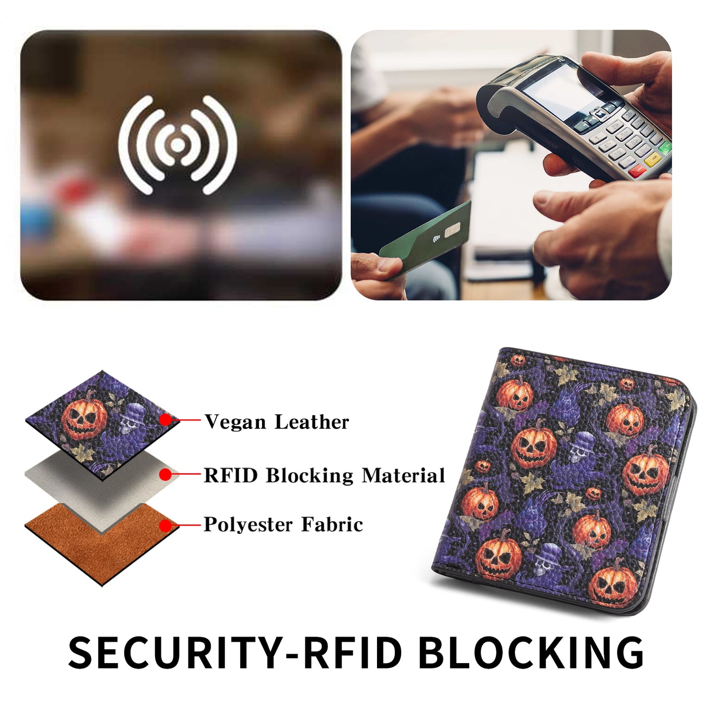 SENDEFN Pumpkin Pattern Small Rfid Women Wallet Bifold Zipper Coin Pocket Leather Compact Cash Credit Card Holder Travel Wallet for Female Ladies 1 ID Window 6 Card Slots