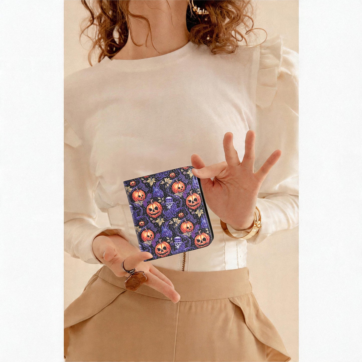 SENDEFN Pumpkin Pattern Small Rfid Women Wallet Bifold Zipper Coin Pocket Leather Compact Cash Credit Card Holder Travel Wallet for Female Ladies 1 ID Window 6 Card Slots