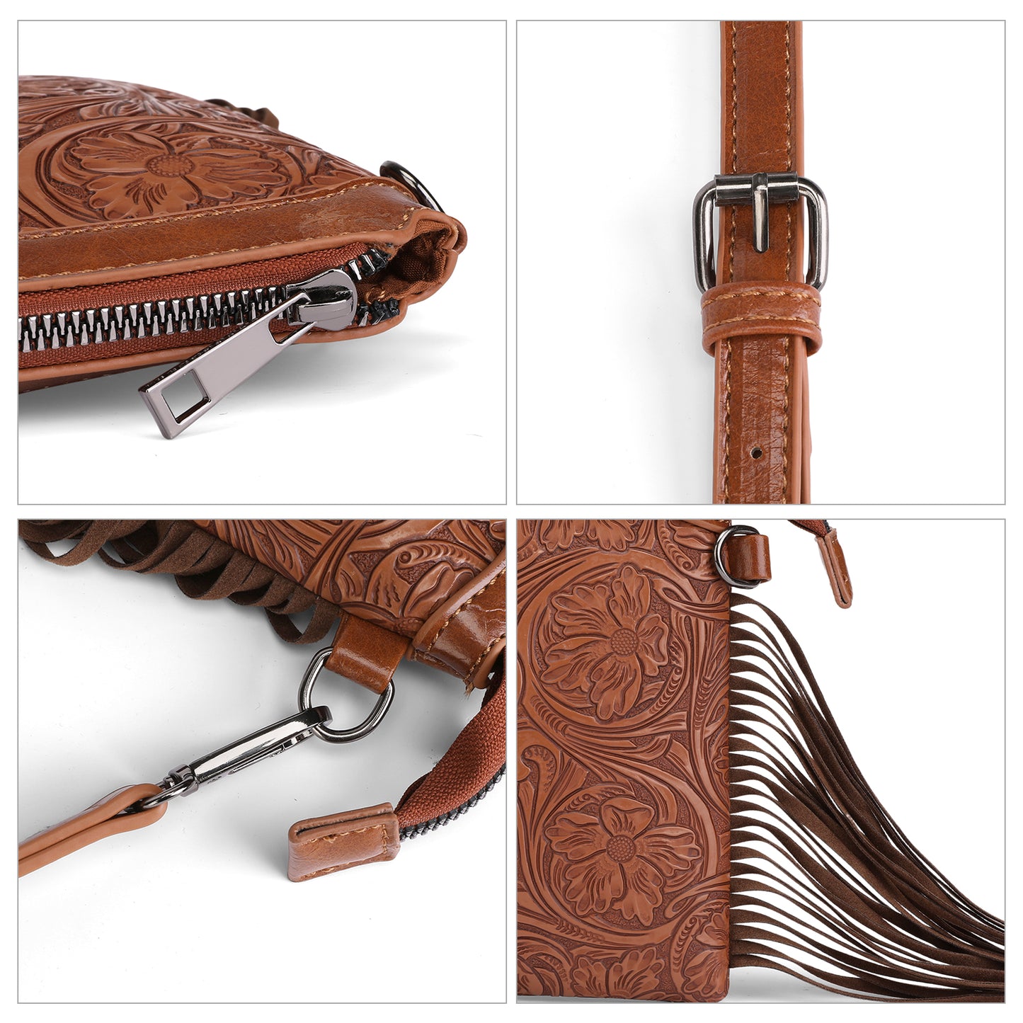 SENDEFN Fashion Fringe Crossbody Bag with Rivets Western Women Purse Vegan Leather Shoulder Bag with Tassel