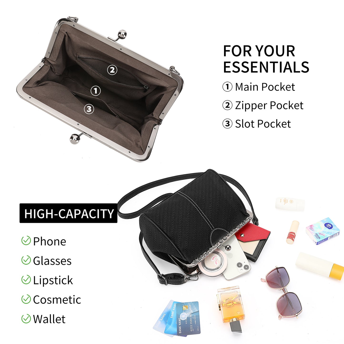 SENDEFN Handbag for Women Shoulder Bag Kiss Lock Medium Top Handle Satchel Purse Retro Crossbody Bag Evening Clutch Purses