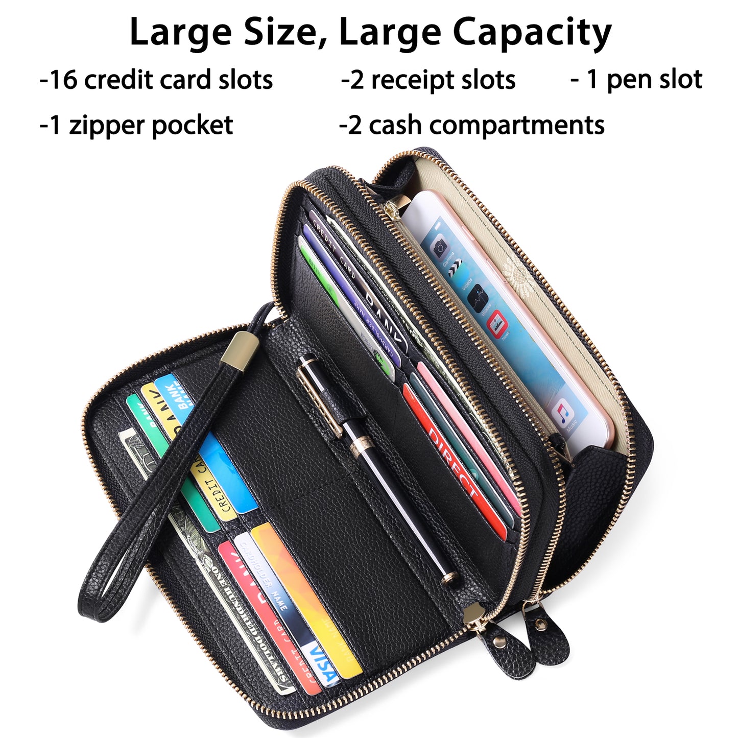 Sendefn RFID Blocking Leather Zip Wallet for Women Credit Card Cluch Holder Phone Wristlet Wallet