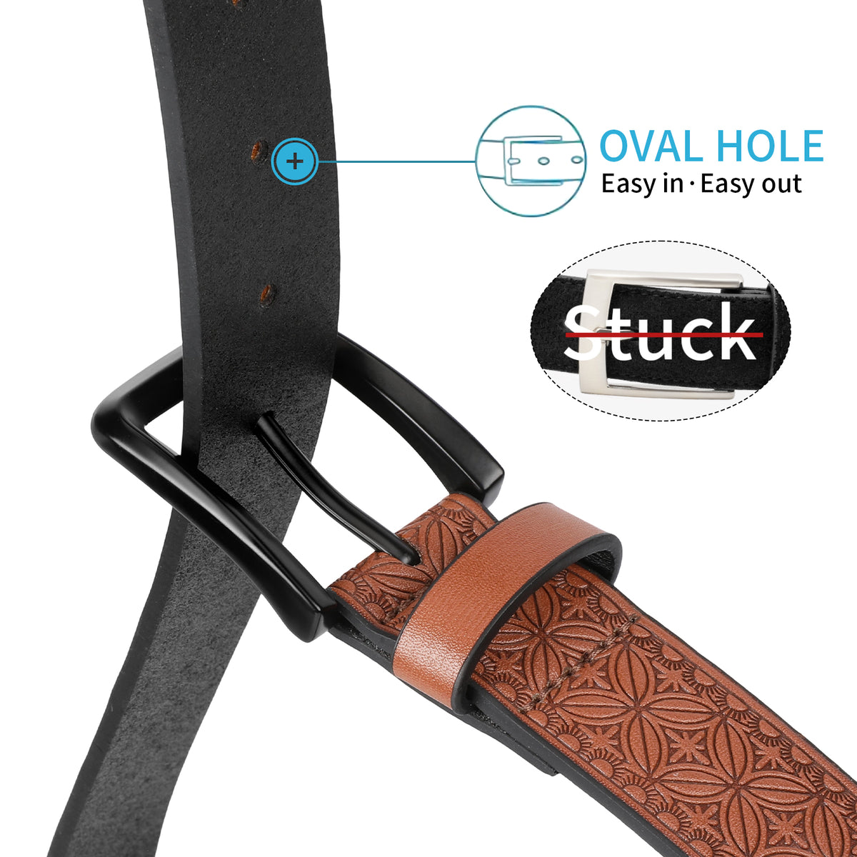 SENDEFN Men's Casual Leather Jeans Belts Vintage Leather Engraved Strap with Single Prong Buckle