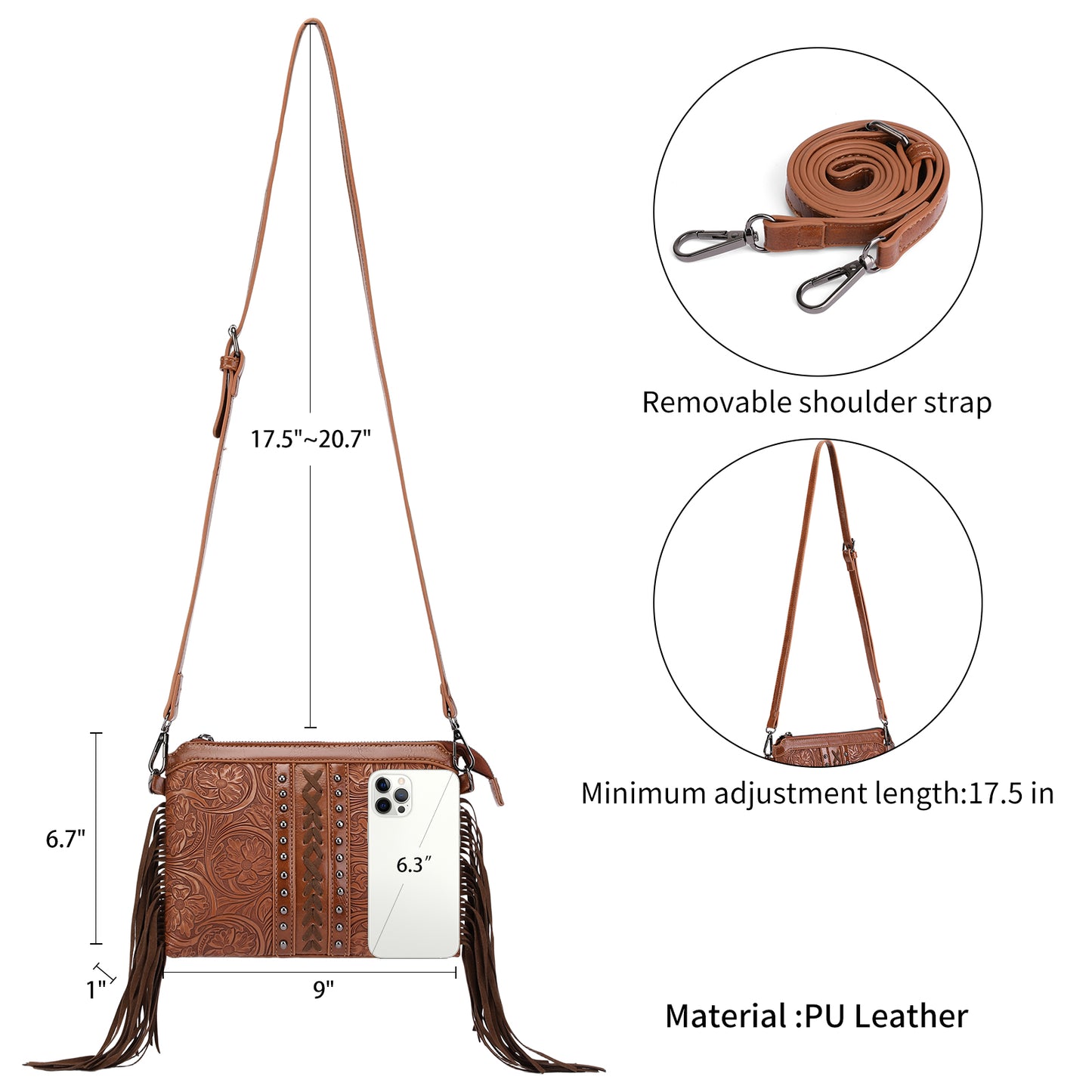 SENDEFN Fashion Fringe Crossbody Bag with Rivets Western Women Purse Vegan Leather Shoulder Bag with Tassel