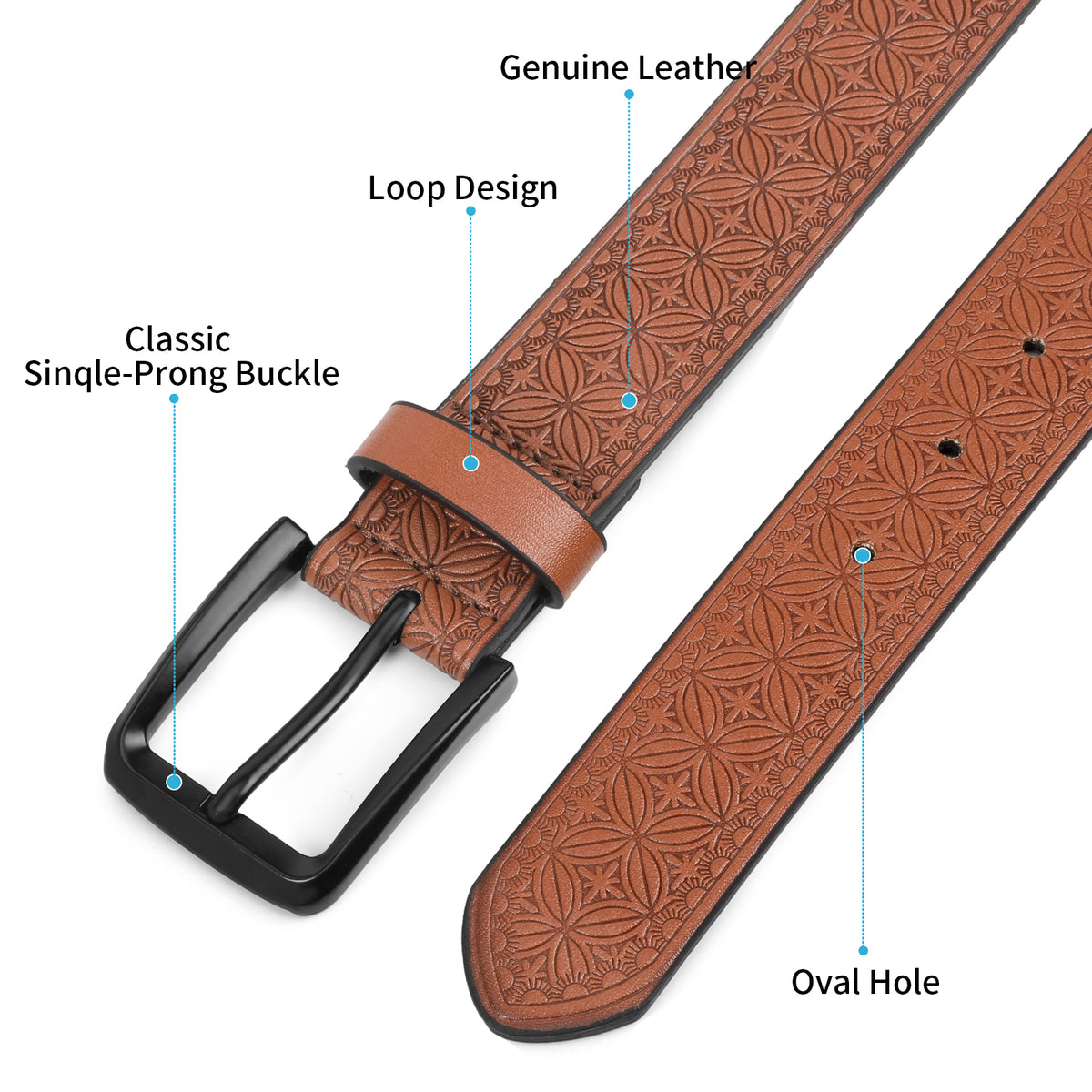 SENDEFN Men's Casual Leather Jeans Belts Vintage Leather Engraved Strap with Single Prong Buckle