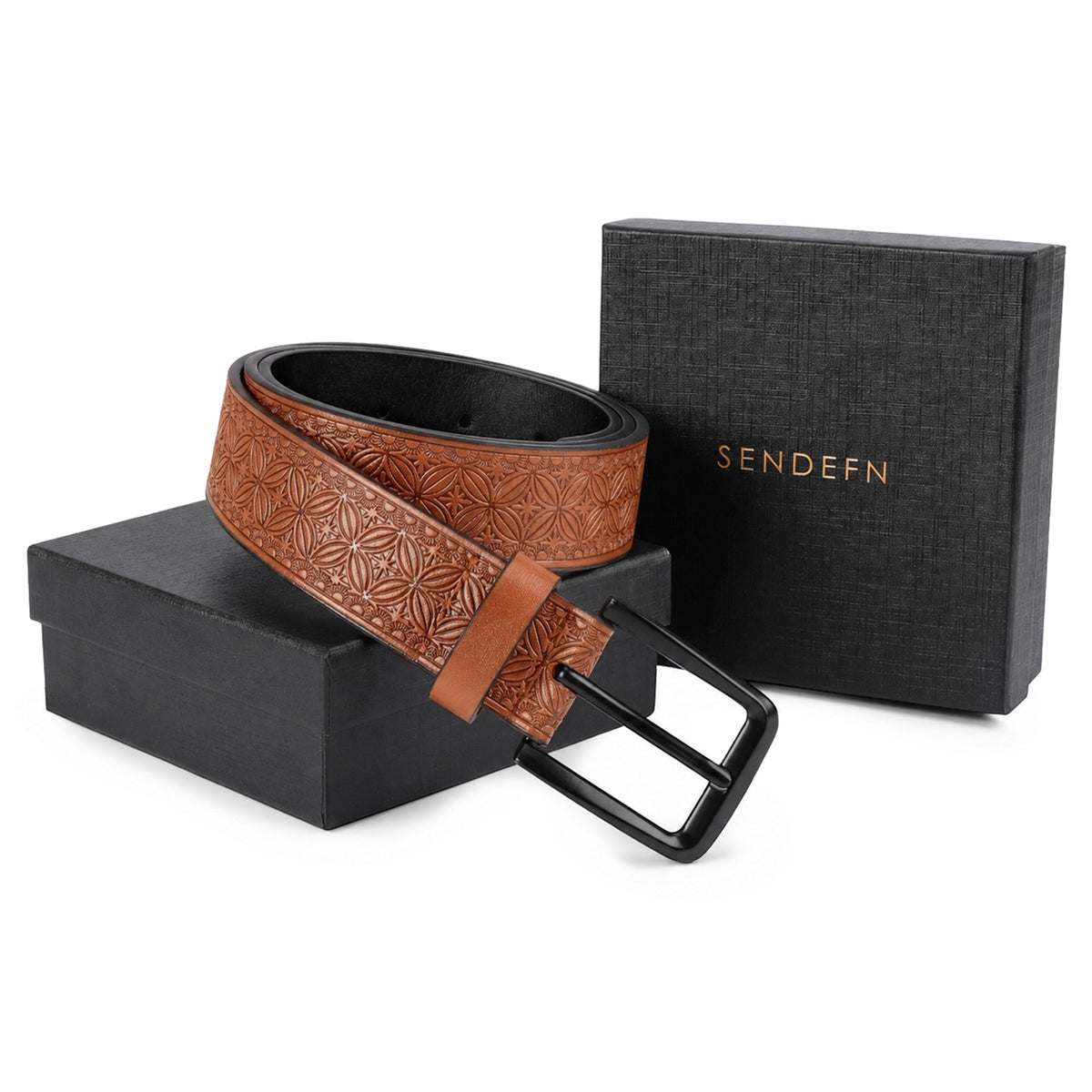 SENDEFN Men's Casual Leather Jeans Belts Vintage Leather Engraved Strap with Single Prong Buckle