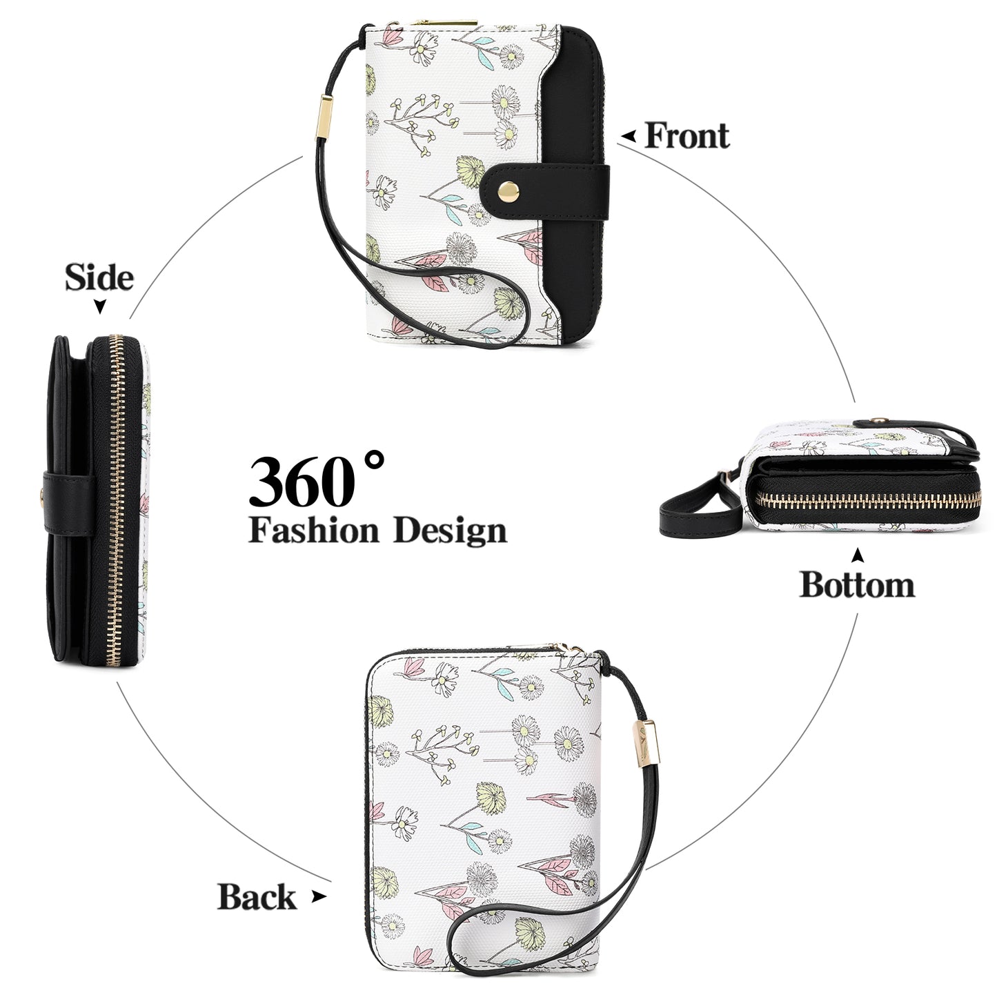 SENDEFN Women Floral Flower Wallet Small Bifold Zipper Coin Pocket Purse RFID Credit Card Holder Purse with ID Windows