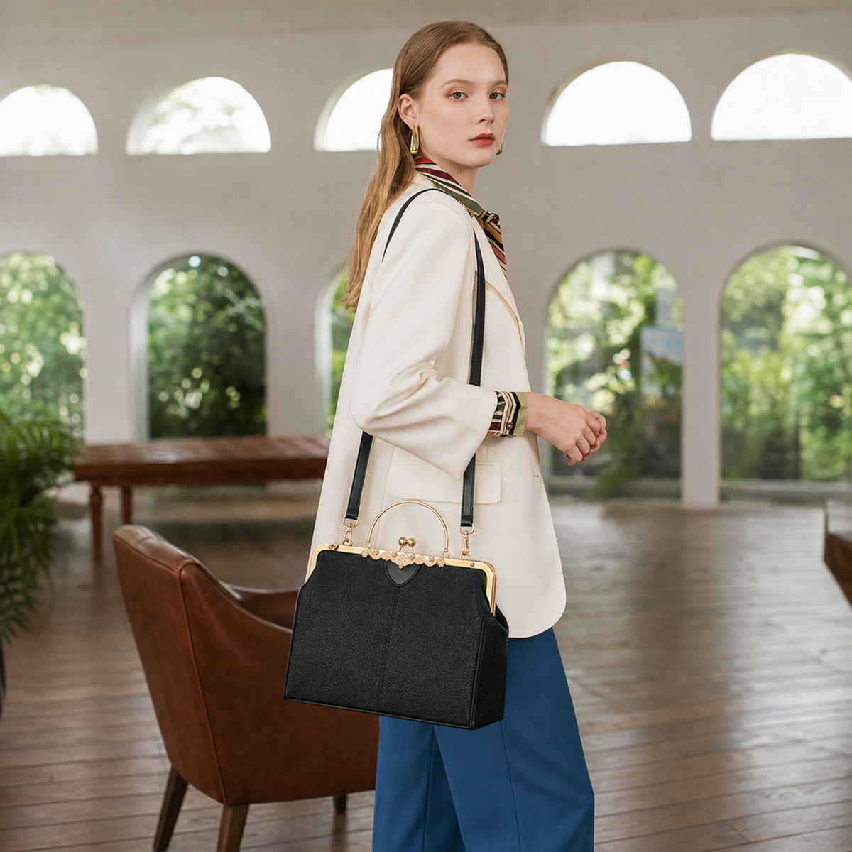 SENDEFN Handbag for Women Shoulder Bag Kiss Lock Medium Top Handle Satchel Purse Retro Crossbody Bag