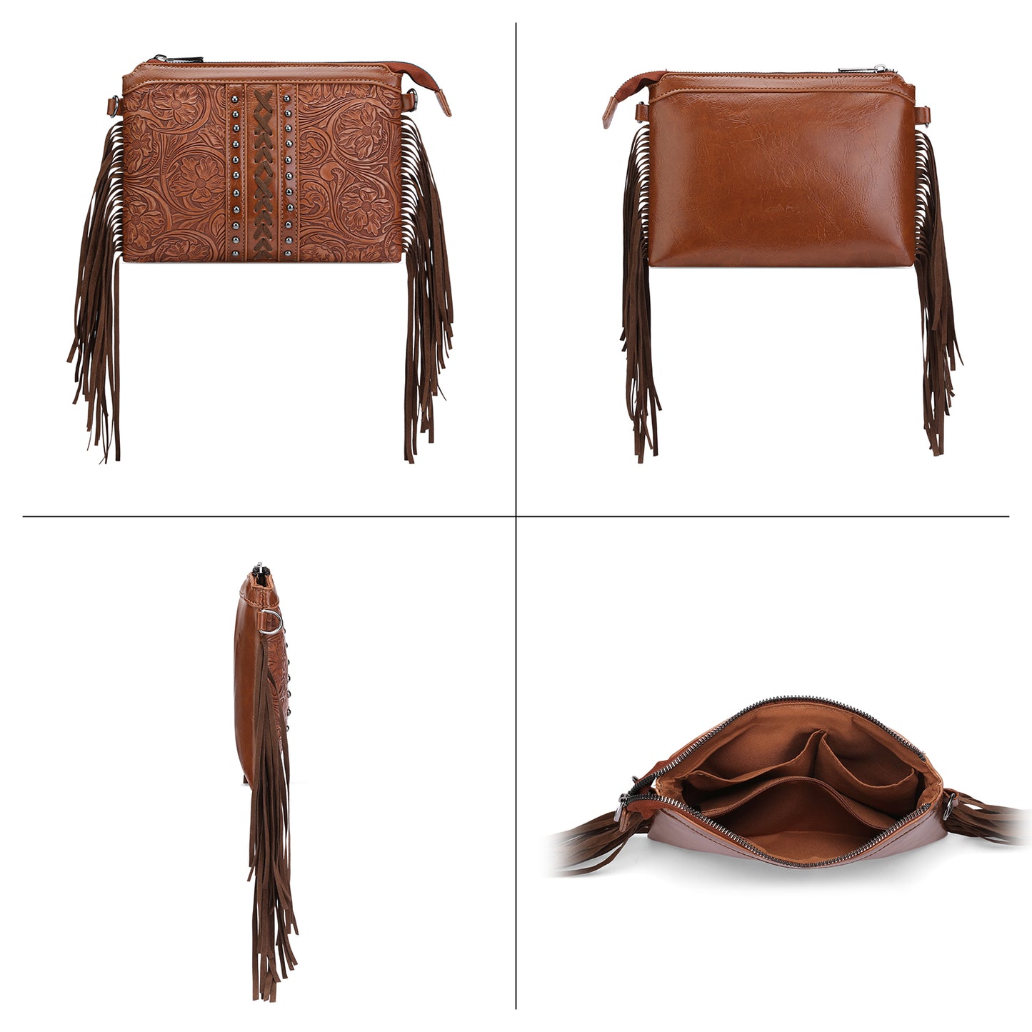 SENDEFN Fashion Fringe Crossbody Bag with Rivets Western Women Purse Vegan Leather Shoulder Bag with Tassel