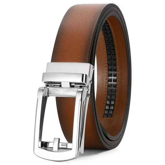 Sendefn Men's Leather Belt Automatic Ratchet Buckle Slide Belt for Dress Casual Trim to Fit with Gift Box