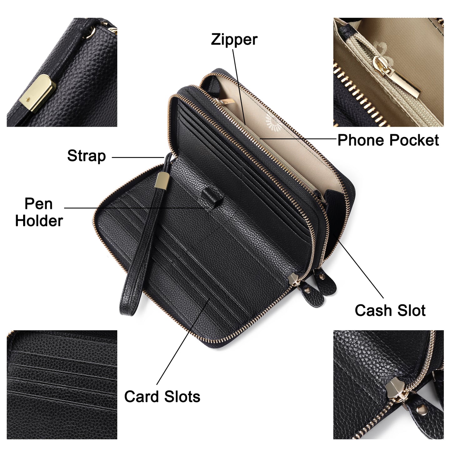 Sendefn RFID Blocking Leather Zip Wallet for Women Credit Card Cluch Holder Phone Wristlet Wallet