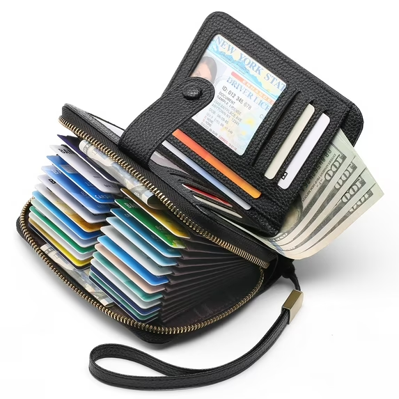 Sendefn Leather Credit Card Holder Wallet for Women RFID Blocking Bifold Zipper Card Case Organizer with Wristlet 32 Slots