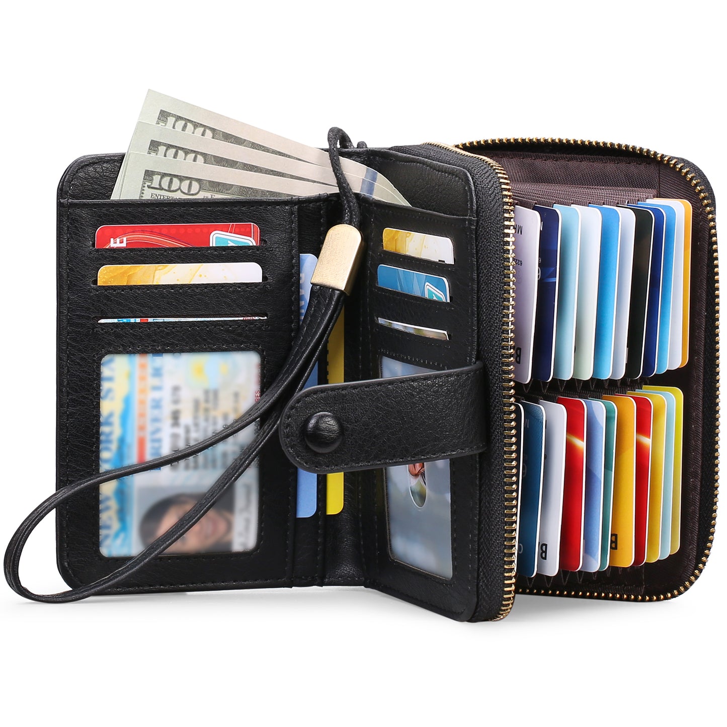 Sendefn Leather Credit Card Holder Wallet for Women RFID Blocking Bifold Zipper Card Case Organizer with Wristlet 32 Slots